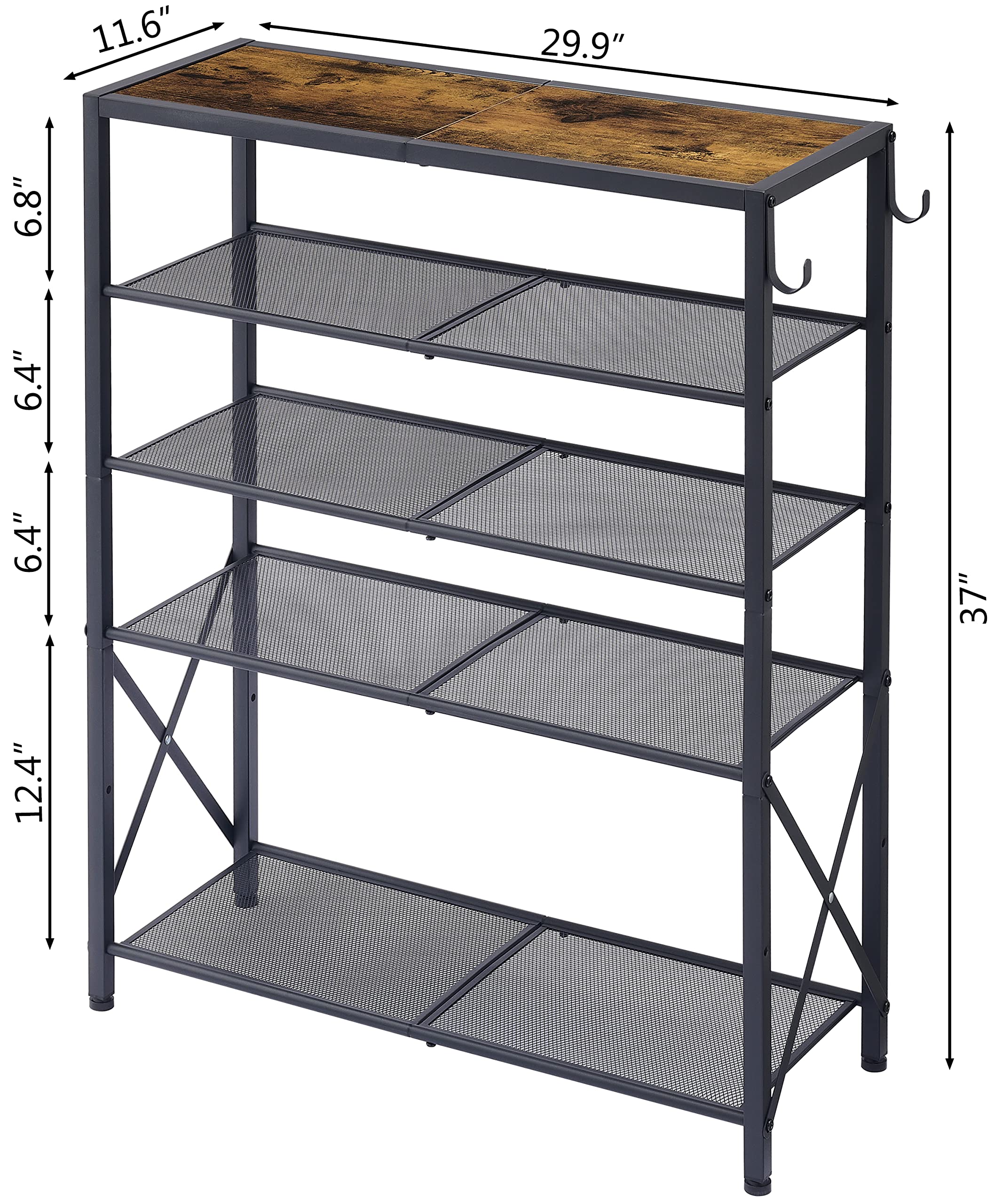 5-Tier Metal Mesh Shoe Rack Organizer - Holds 16-20 Pairs of Shoes with X-Shape Fixed Frame & 2 Hooks - Rustic Brown & Black Entryway Storage Solution for Home, Apartment, Dorm Room (Perfect for Small Spaces & Closet Organization)