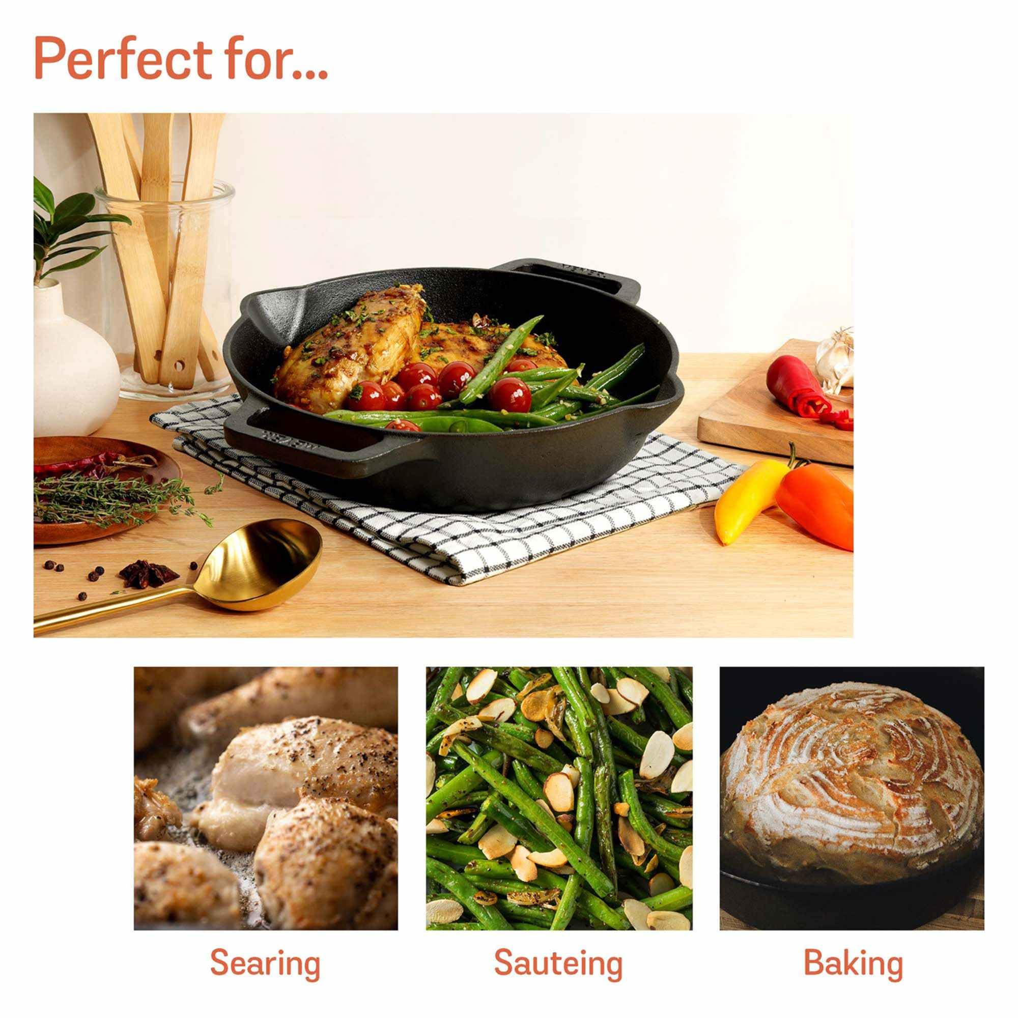 Premium Meyer Pre-Seasoned Cast Iron Skillet - 10-Inch (24cm) Frying Pan with Dual Side Handles | 1.6L Capacity | Black Cast Iron Cookware for Gas, Induction & Oven Use | Perfect for Searing, Baking & Camping Cooking