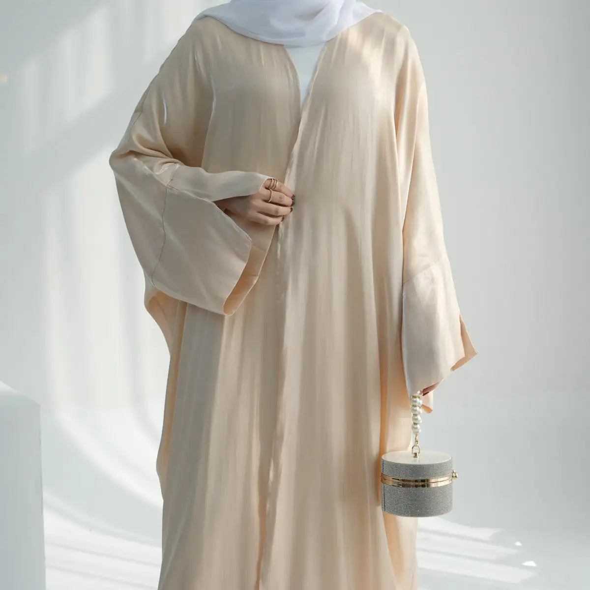 Gleam Shiny Cardigan Open Abaya Dress for Women - Elegant Long Sleeve Kimono Cover Up - Perfect for Prayer, Mosque, Parties & Special Occasions