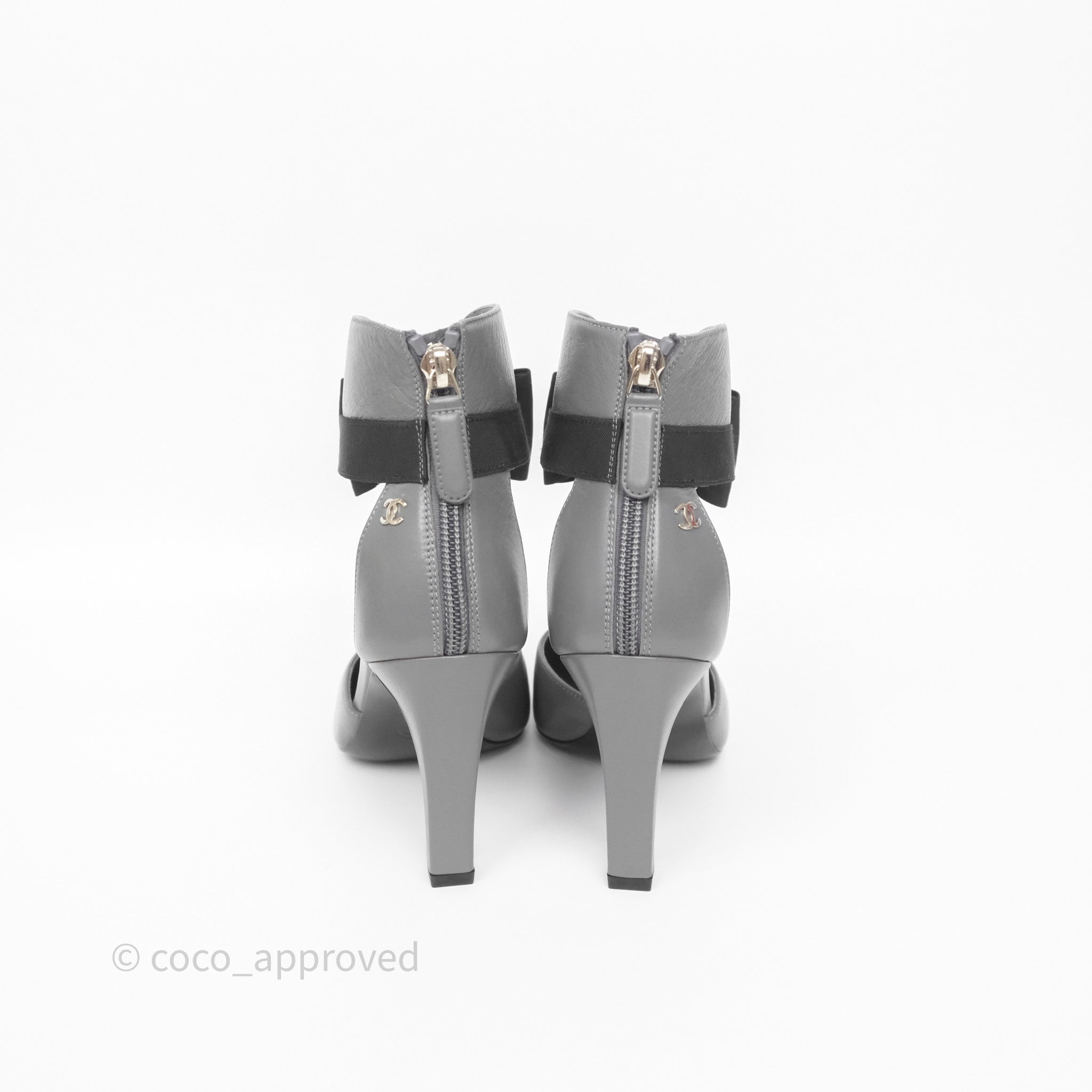 Chanel Cap Toe Bow Ankle Strap Sandals - Grey & Black Lambskin Leather - Perfect for Summer Weddings & Evening Events