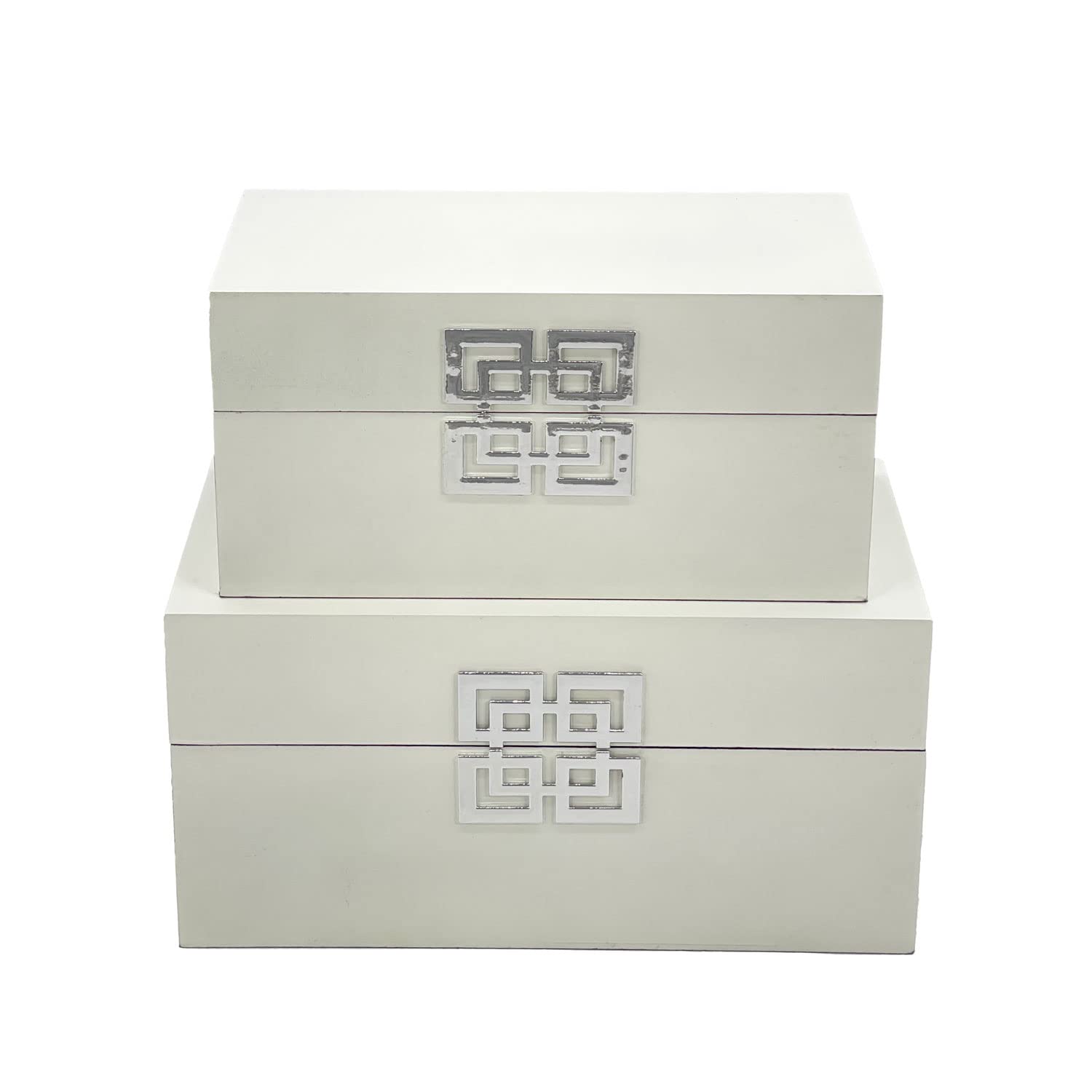 Galt International Wooden Decorative Storage Box Set with Hinged Lid & Geometric Clasp - Classic Home Decor Organizer for Bedroom, Living Room & Office - Set of 2 (White & Silver) - Perfect for Jewelry, Keepsakes & Home Organization