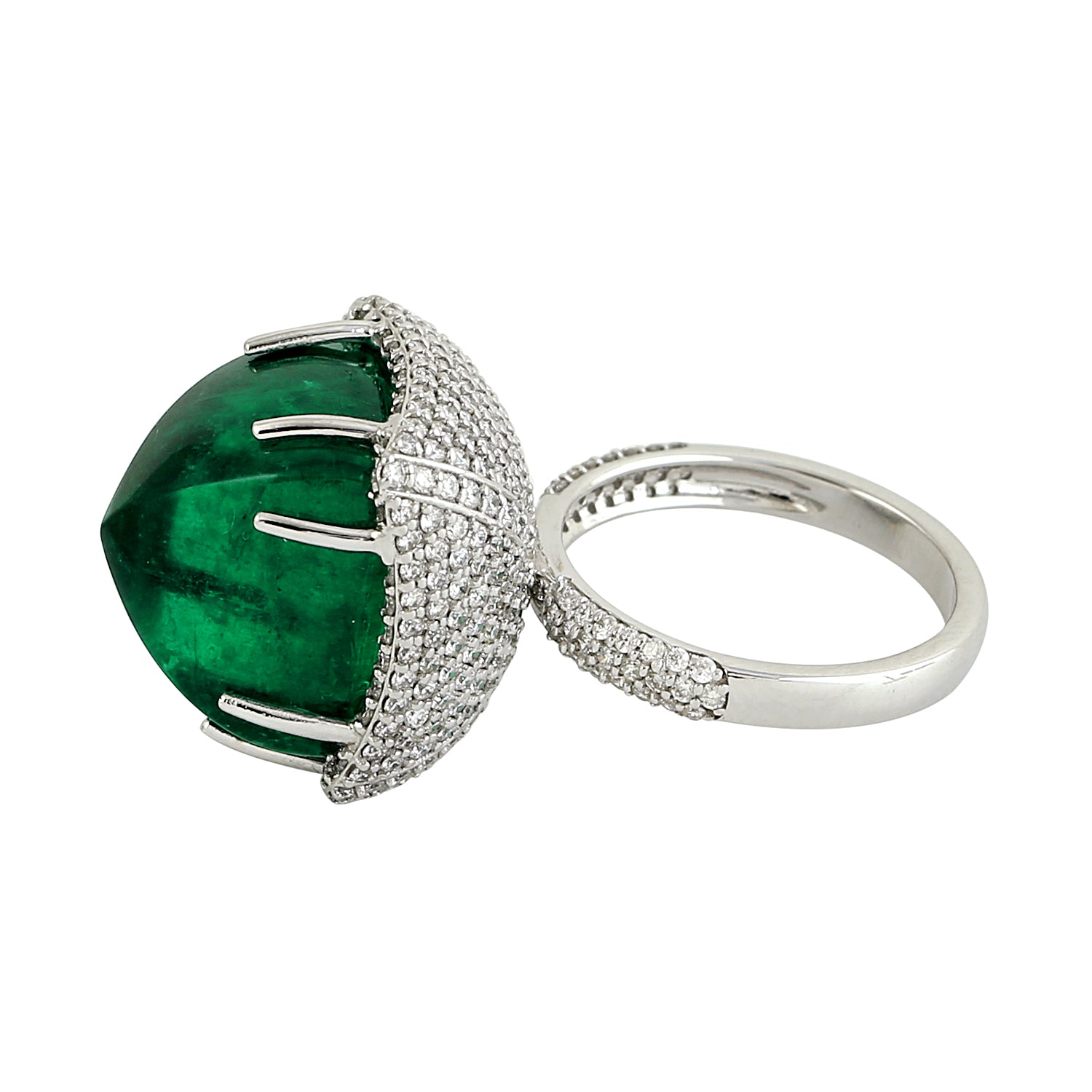 Emerald Gemstone Pave Diamond Dome Cocktail Ring in 14K White Gold - Elegant Statement Jewelry for Parties, Weddings & Special Occasions