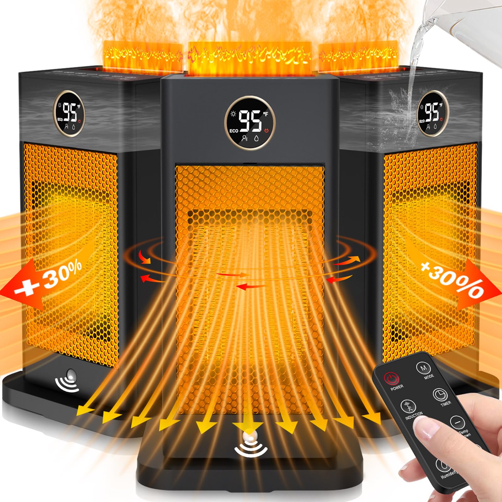 PTC Fast Electric Space Heater with Humidifier, Thermostat & Timer - Quiet Portable Indoor Heater with ECO Mode, 3D Flame Effect & Oscillation for Bedroom, Office & Home | Perfect for Winter Warmth & Energy Savings