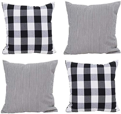 HOPLEE Farmhouse Pillow Covers 16x16 Inch - Black Buffalo Check & Stripe Throw Pillow Covers Set of 4 - Cozy Living Room Decor for Sofa, Couch, Bedroom (Home & Office Use)