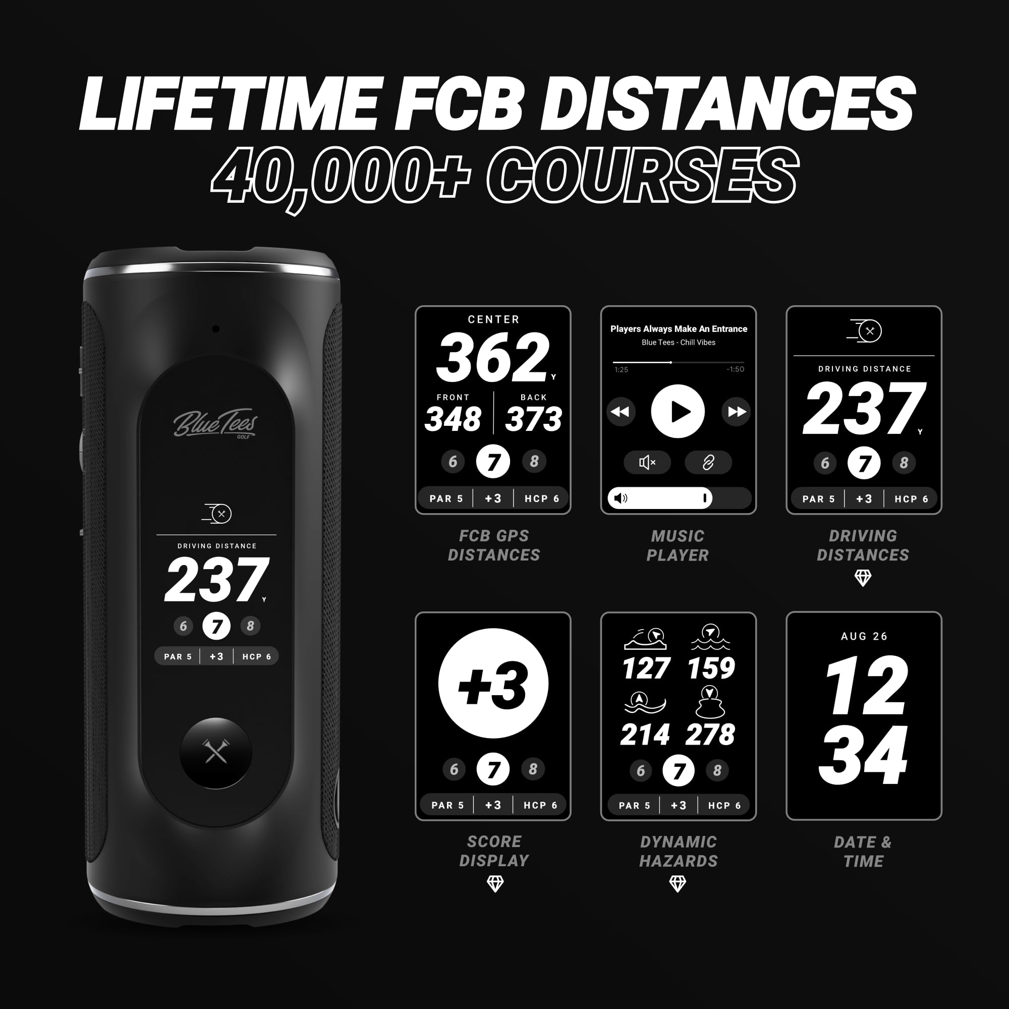 Blue Tees Golf Player+ GPS Speaker with Touch Screen Display | 10+ Hours Battery Life | 40,000+ Preloaded Golf Courses | Visual & Audible Distance Measurements | Hazard Detection | IPX7 Waterproof (Black) | Perfect for On-Course Practice, Driving Range, and Tournament Play