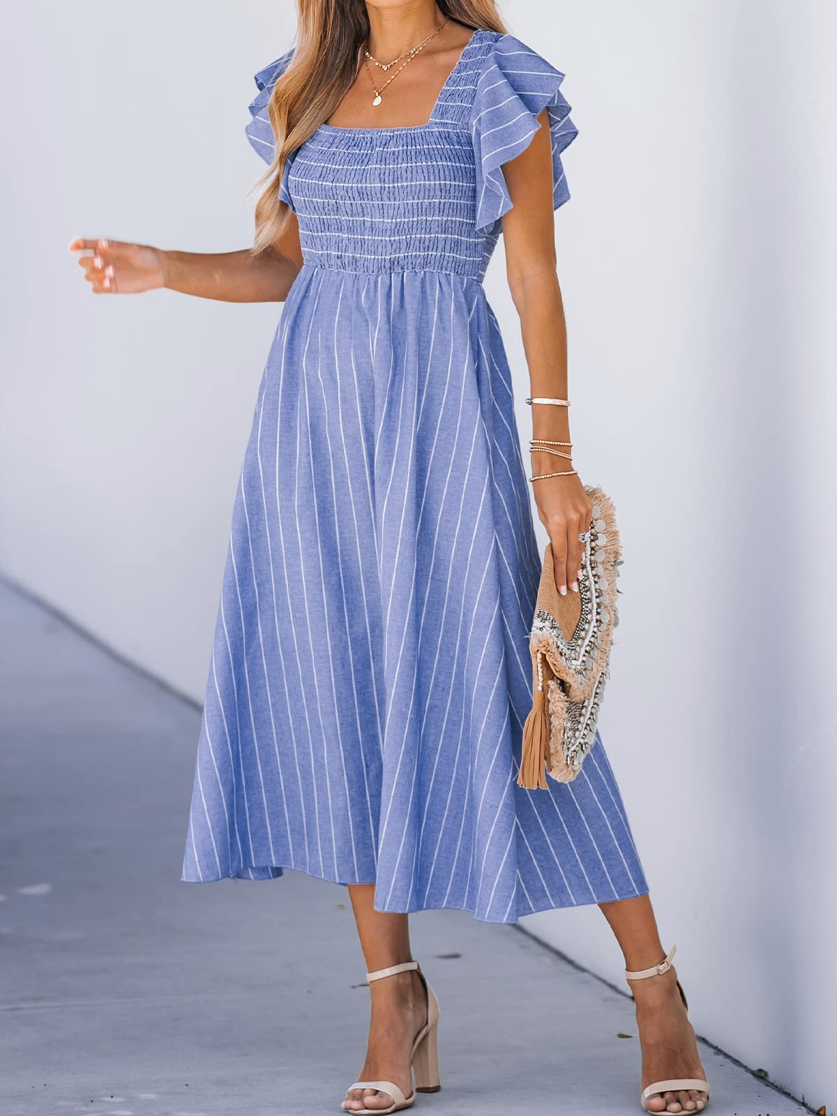 CUPSHE Women's Summer Striped Smocked Maxi Dress with Square Neck & Ruffled Cap Sleeves | A-Line Formal Beach Dress for Vacation, Wedding & Special Occasions