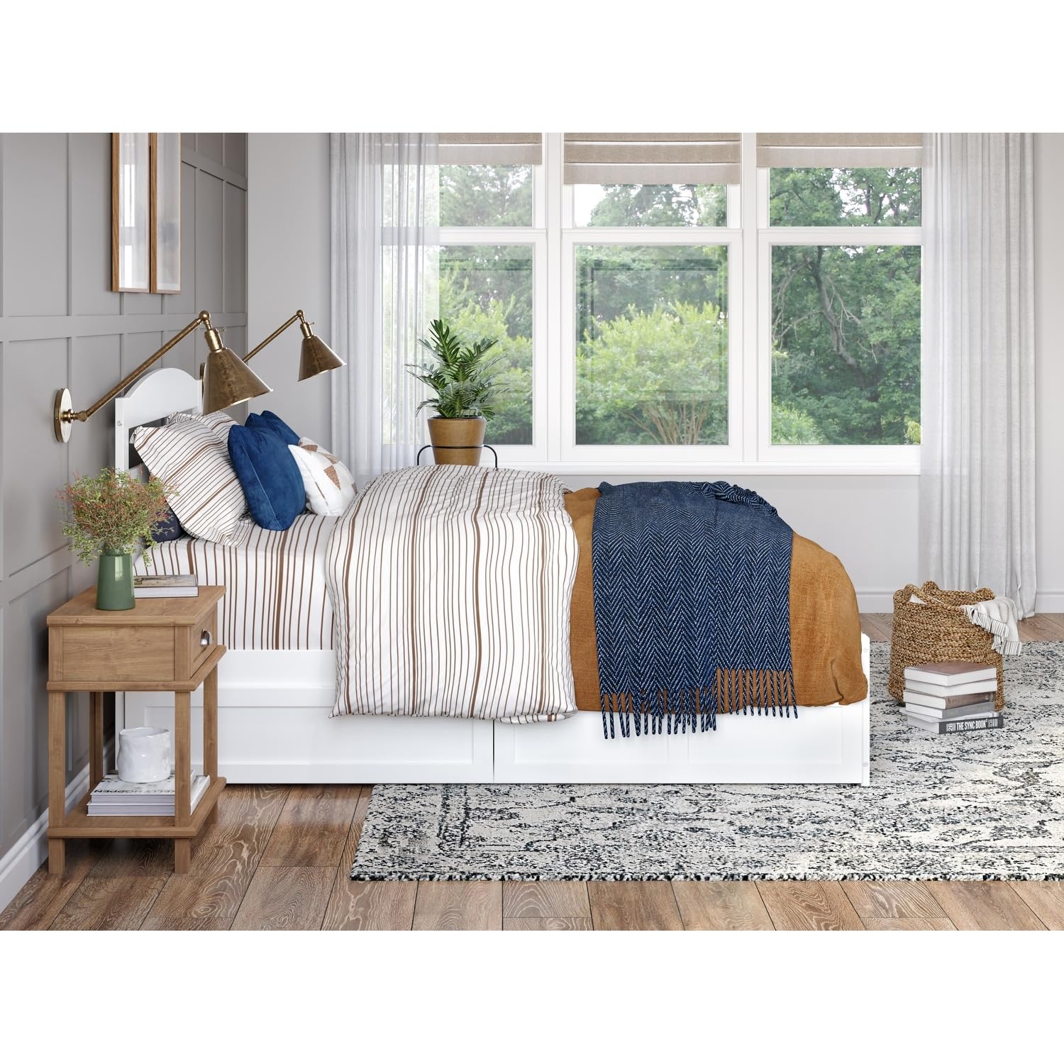 AFI Warren Queen Size Platform Bed with Storage & USB Charging Station - Modern White Wooden Bed Frame with Footboard for Bedroom, Guest Room, or Dorm
