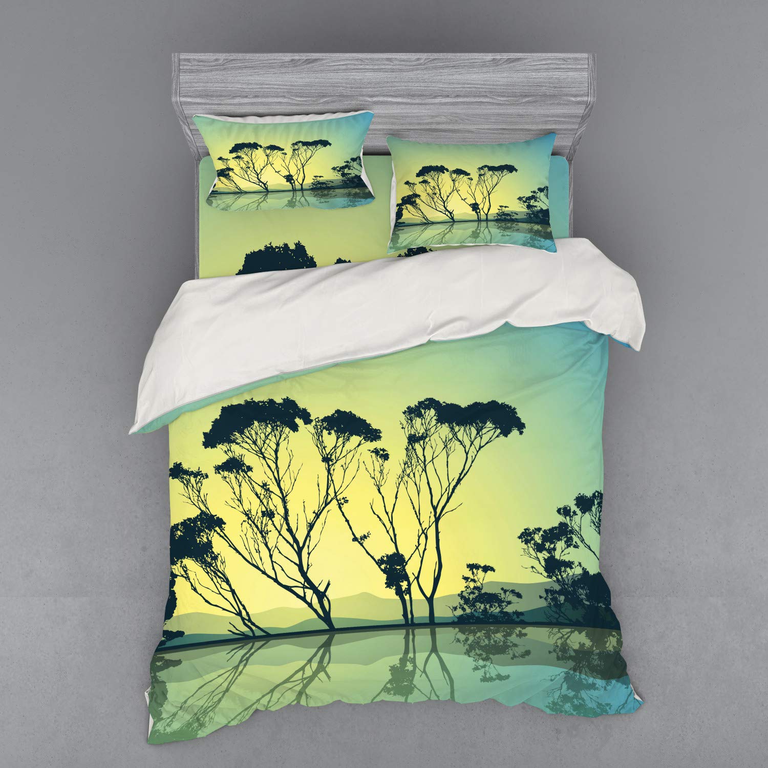 Ambesonne Tree Duvet Cover Set - Queen Size 4-Piece Bedding with Shams & Fitted Sheet, Blue Yellow Tree Silhouette Water Reflection Scenic National Park Countryside Print - Perfect for Nature Lovers' Bedroom Decor & Cozy Cabin Retreats
