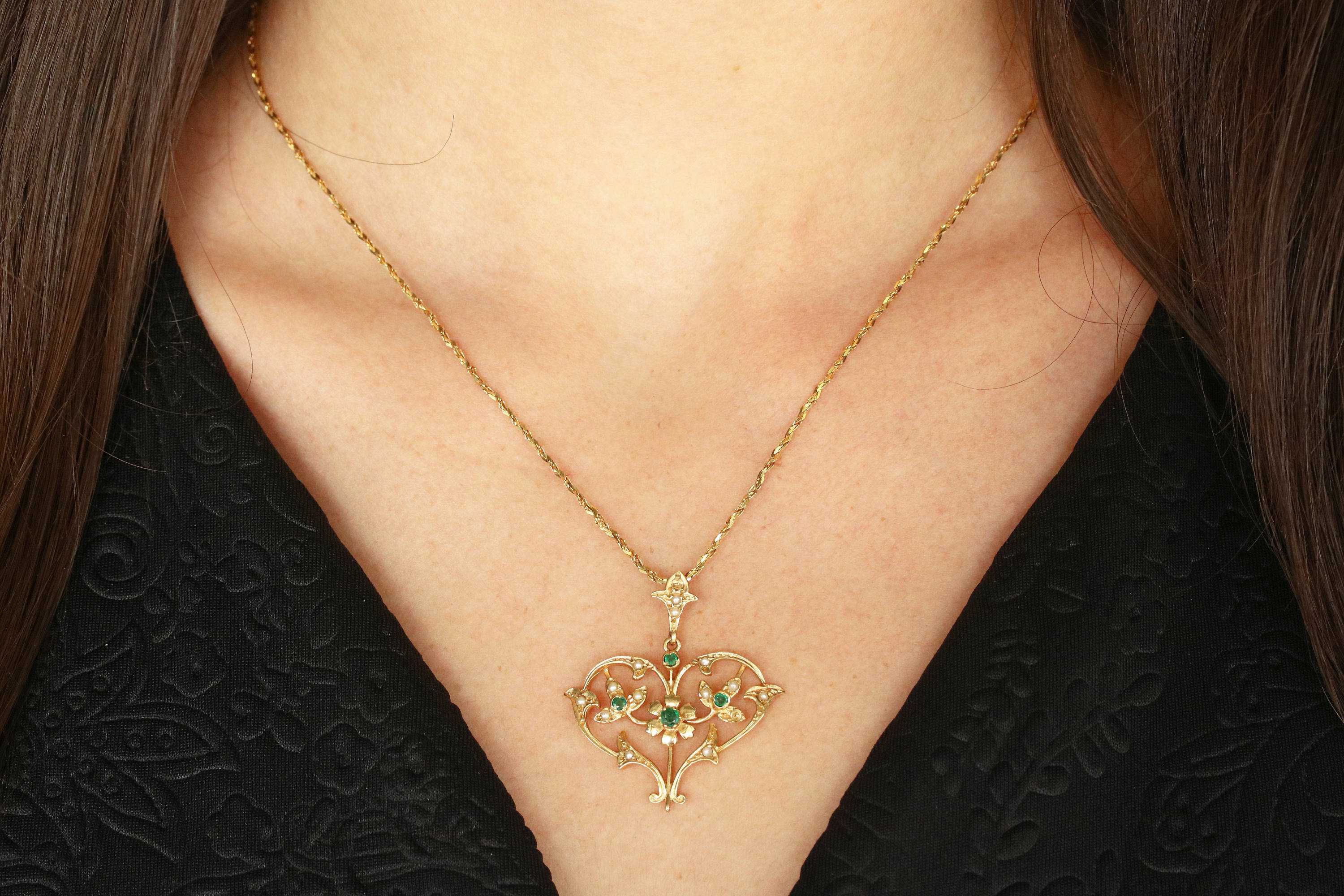14K Gold Victorian Style Heart Pendant with Colombian Emerald & Seed Pearls - Elegant Jewelry Gift for Women, Perfect for Anniversaries & Special Occasions