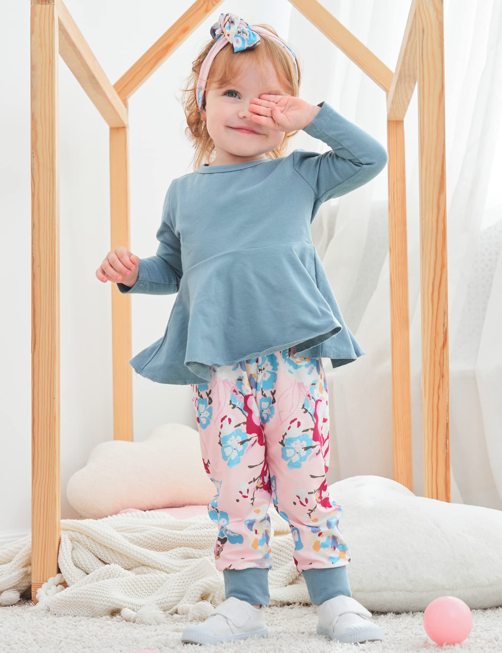 Toddler Baby Girl Outfit Set - Solid Color Ruffle Top & Floral Pants with Cute Headband | Casual Spring Summer Playtime Clothes