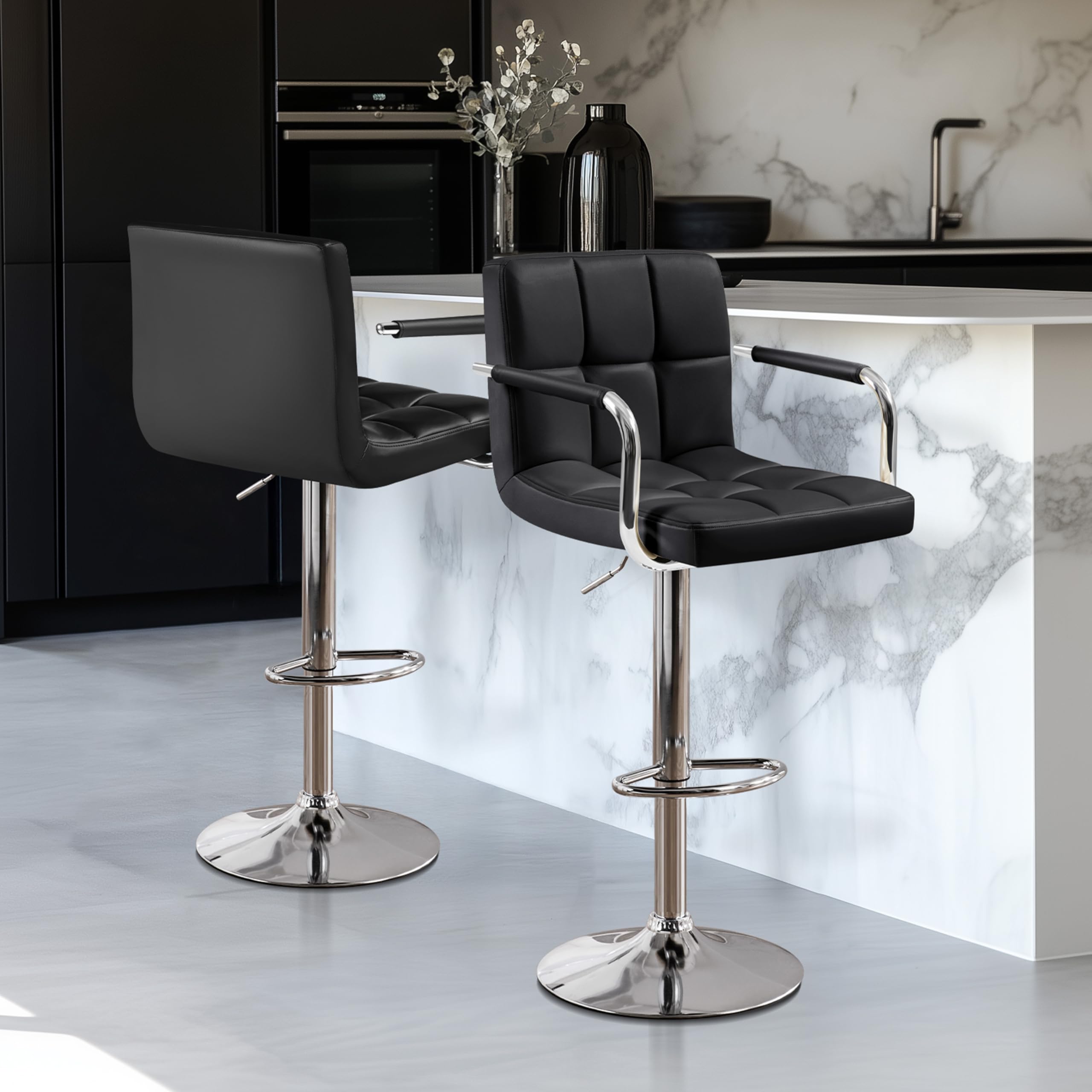 Yaheetech 2-Pack Adjustable Swivel Bar Stools with PU Leather Seat - Hydraulic Height Counter Stools with Armrest & Back Support for Kitchen, Bar & Dining Room - Perfect for Breakfast Nook, Home Bar & Entertainment Areas - Black