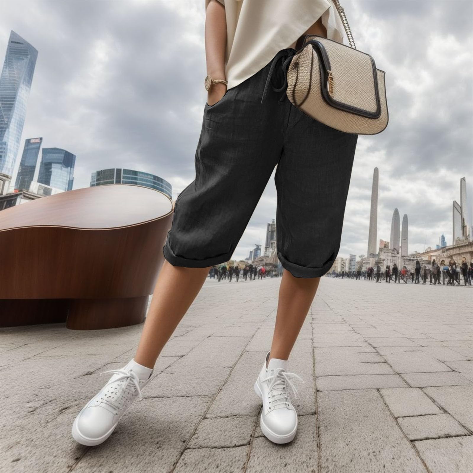 Women's Linen Bermuda Shorts - Elastic Waist with Pockets | Summer Casual Wear