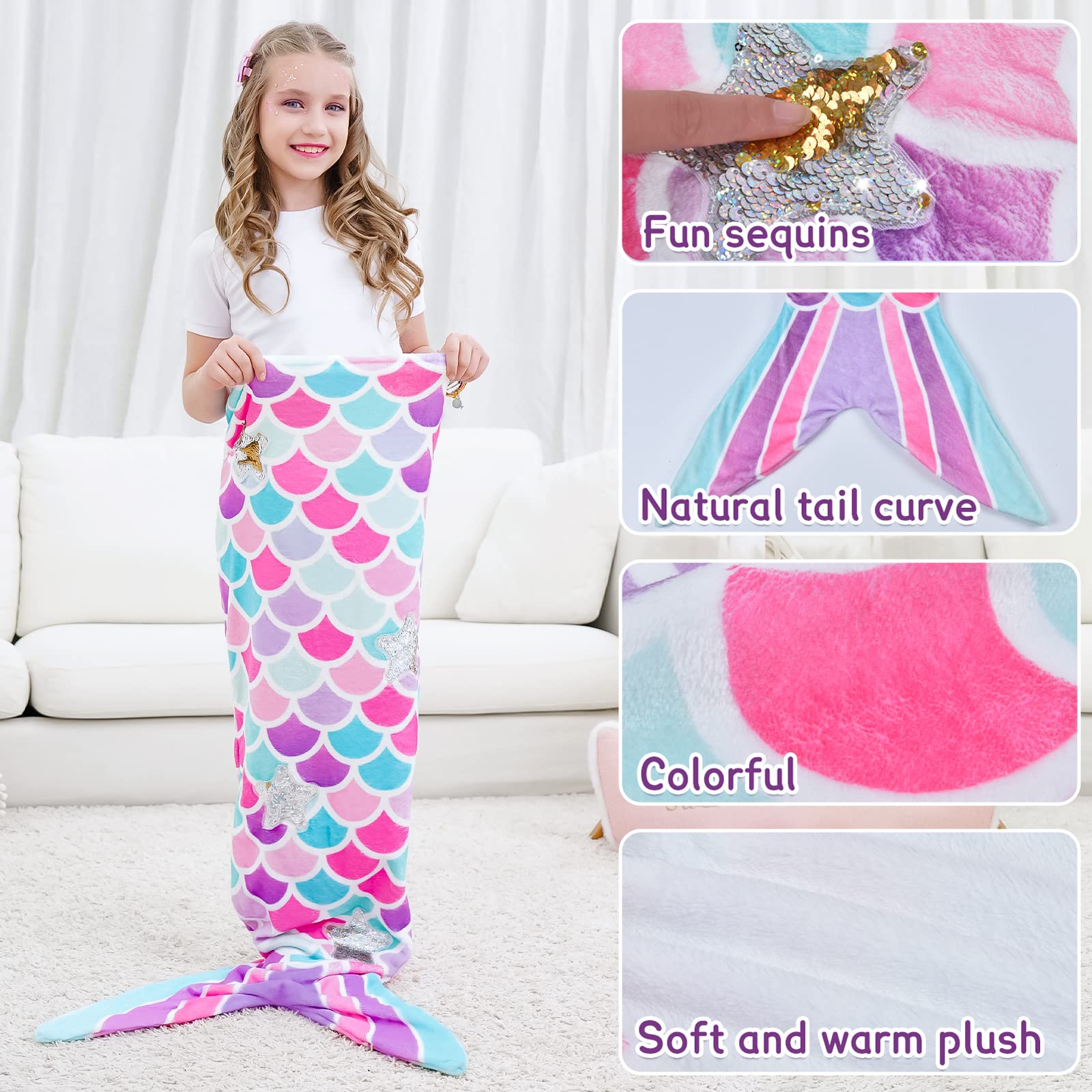 WERNNSAI Mermaid Tail Blanket - Soft Plush Wearable Blanket for Girls & Teens, 140x60cm, All-Season Flannel Snuggle Sleeping Bag, Pink Mermaid Scale Design - Perfect for Cosplay, Sleepovers & Winter Warmth