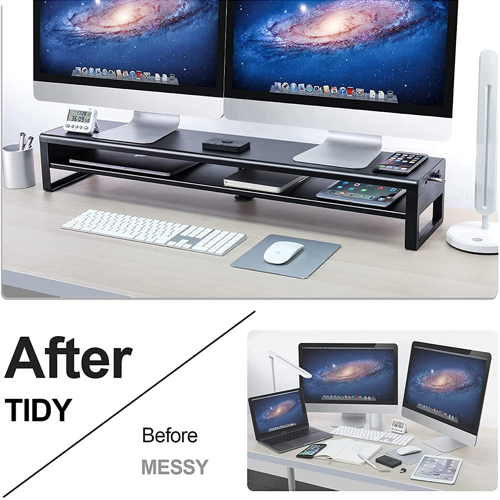 Vaydeer 2-Tier Dual Monitor Stand with USB 3.0 Ports - Heavy Duty Aluminum Monitor Riser for Computer, PC, Laptop, TV & Printer - Space Saving Black Metal Desk Organizer - Perfect for Home Office & Gaming Setup