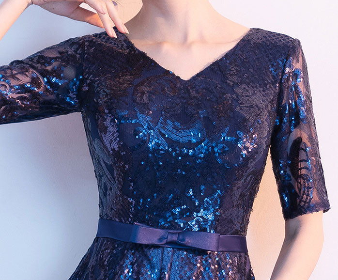 Sparkling Blue Sequin V-Neck A-Line Midi Party Dress for Women - Elegant Evening Gown for Cocktail Parties, Prom, Weddings & Special Occasions