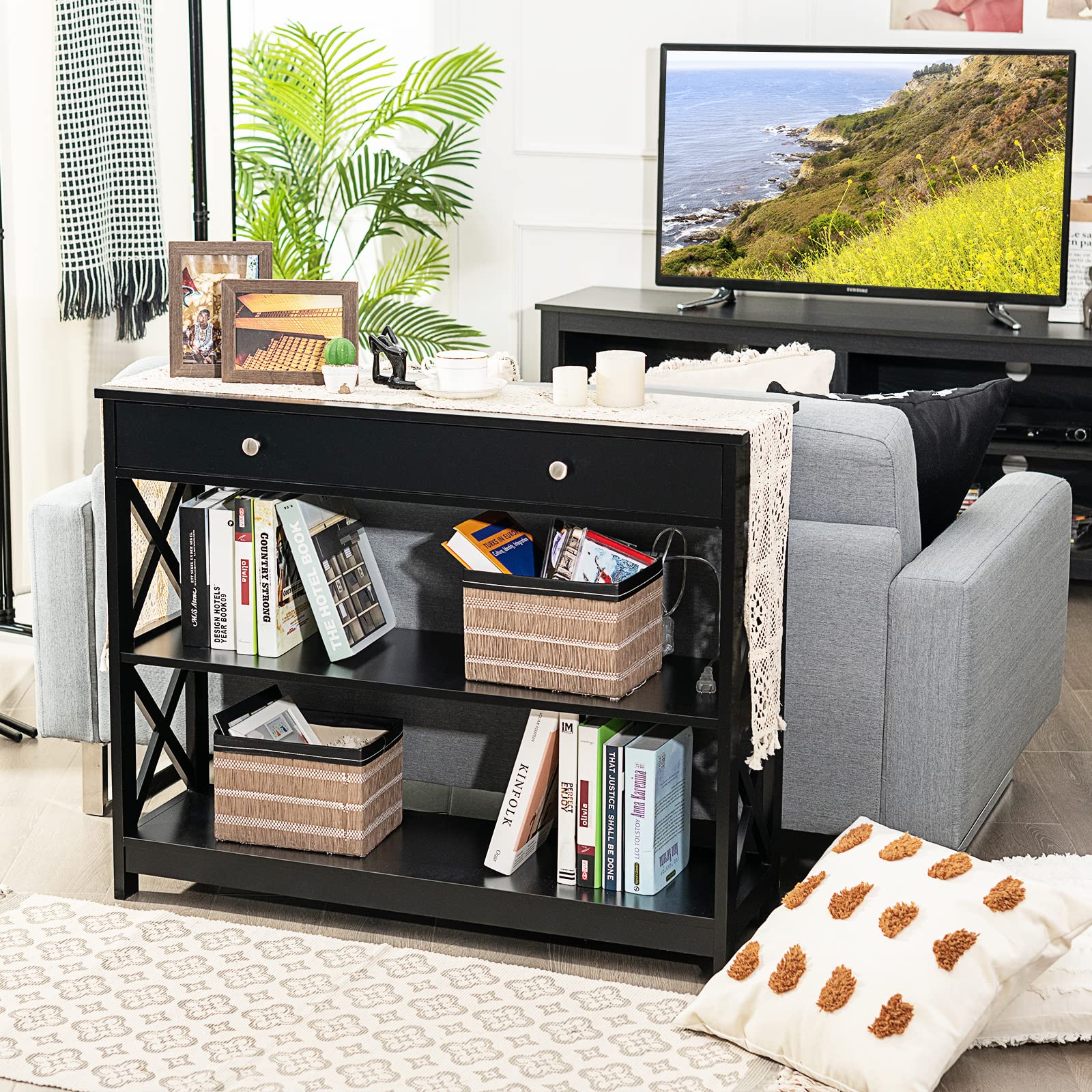 GOFLAME 3-Tier Sofa Table with Large Drawer & Open Shelves - Modern Narrow Wooden Console Table for Entryway, Living Room & Hallway - Perfect for Small Space Organization & Home Decor (Black)