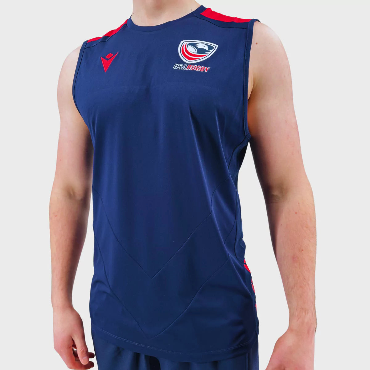 Macron USA Rugby Sleeveless Performance Poly Tee - Navy/Red - Breathable Moisture-Wicking Jersey for Rugby Training & Outdoor Sports