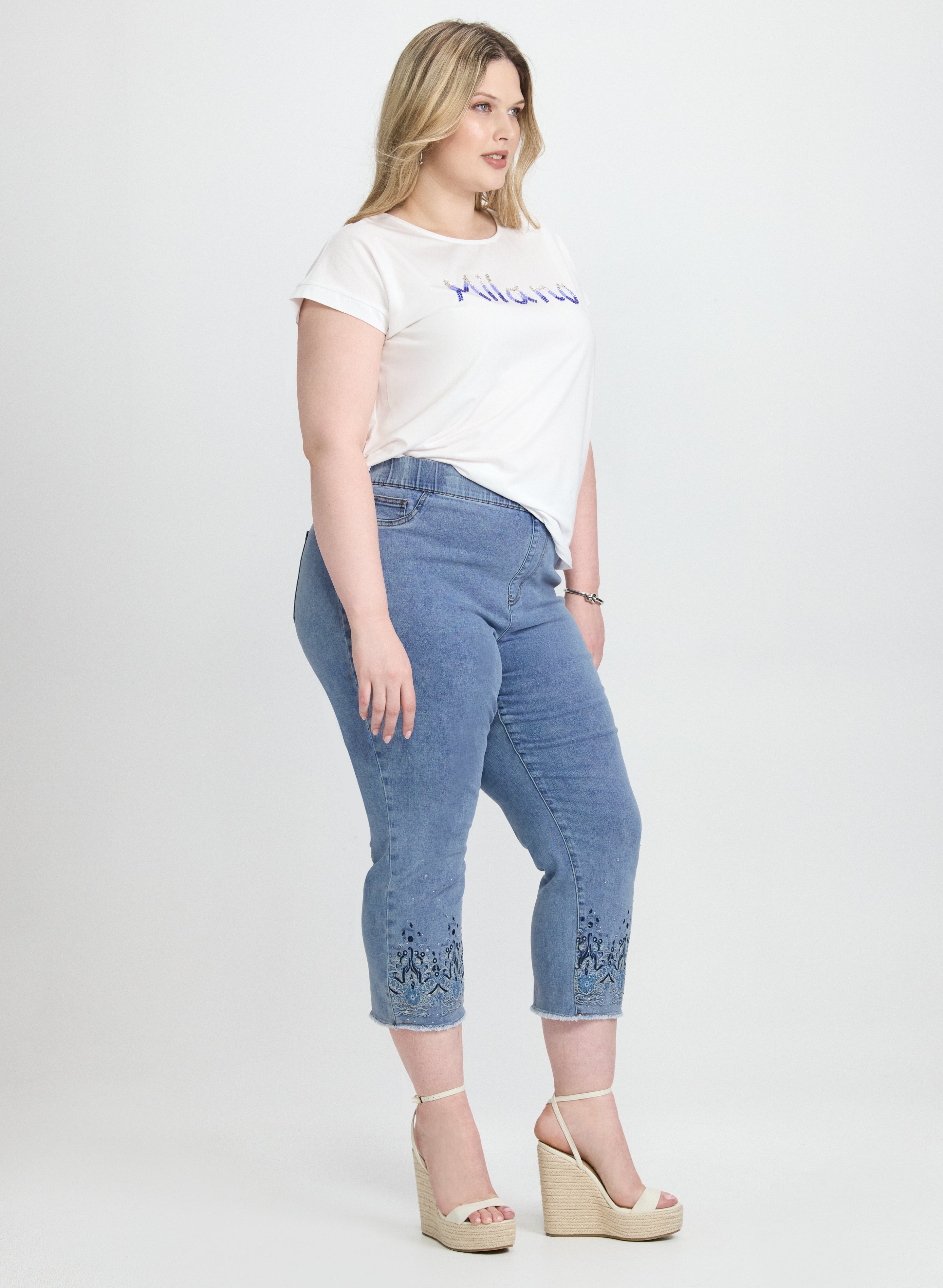 Embellished Denim Capris for Women - Stylish Distressed Shorts with Rhinestone Details | Perfect for Summer Outfits, Casual Wear & Beach Vacations