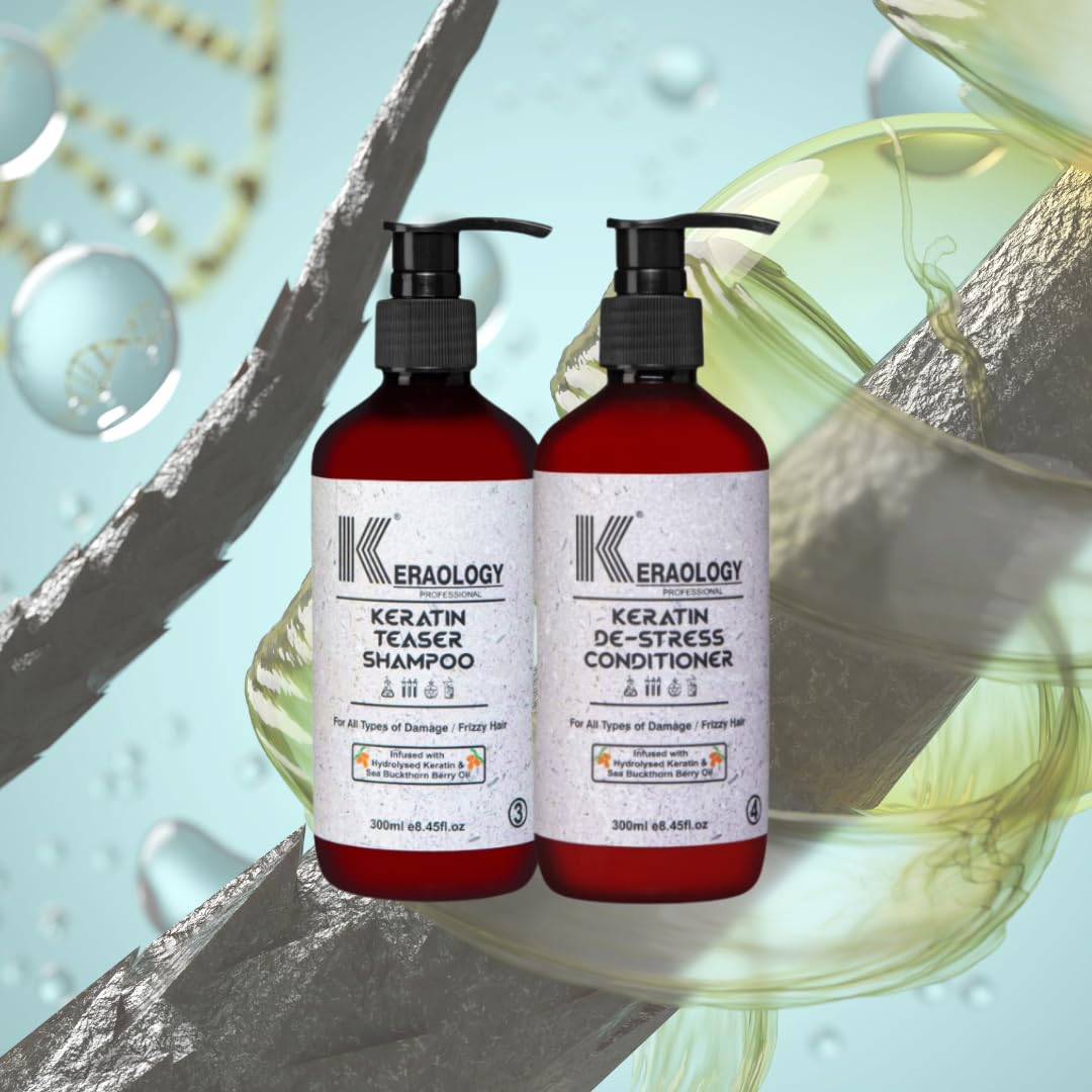 KERAOLOGY Keratin Repair Shampoo & Conditioner Set 300ml - Smooths Frizzy Hair, Repairs Damage for All Hair Types | Salon-Quality Hair Care for Daily Use & Styling