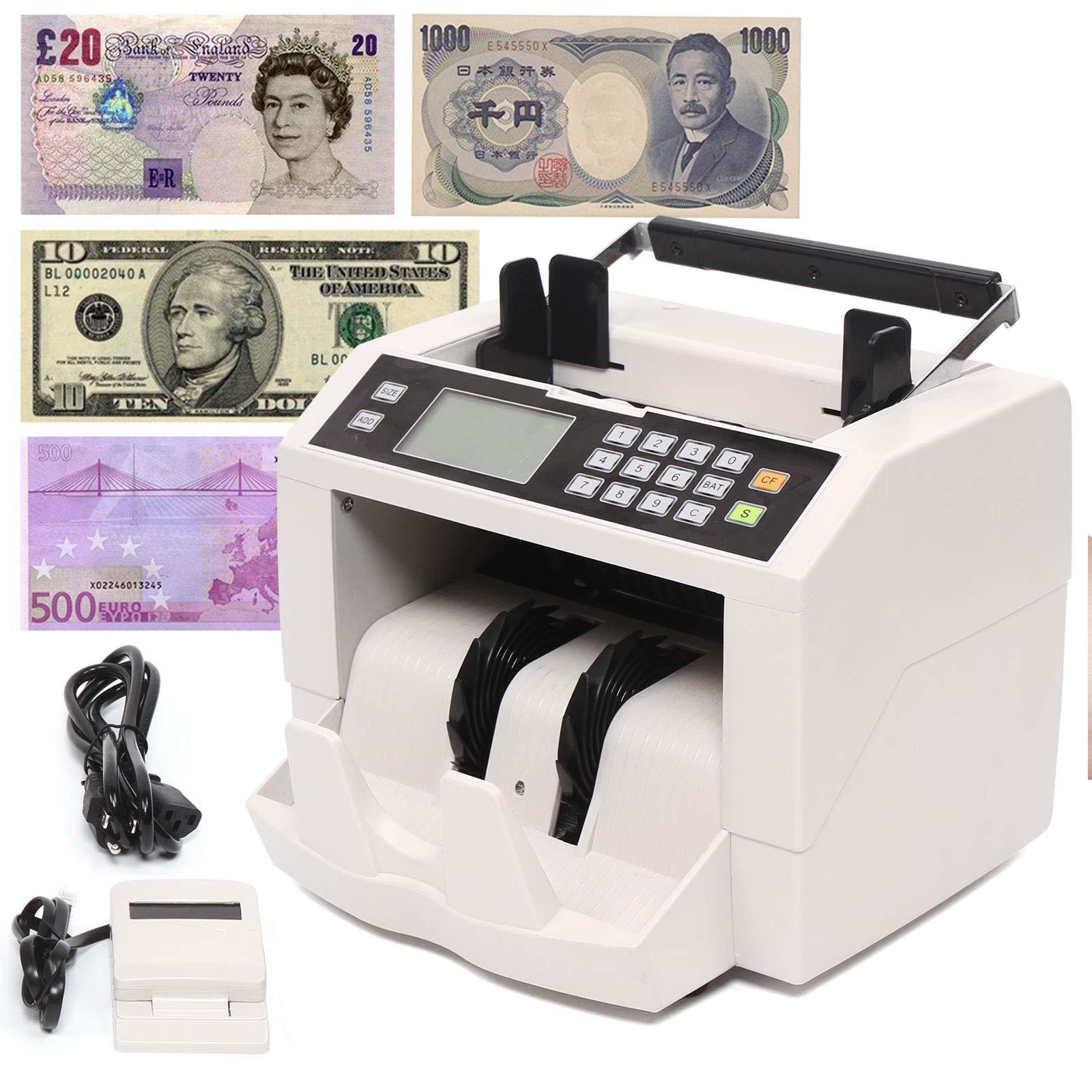High-Speed Money Counter Machine with Counterfeit Detection - 110V, 100 Bill Capacity (0-9999 Count) for USD, EUR, GBP - LED Display Cash Counter for Banks, Retail Stores & Small Businesses