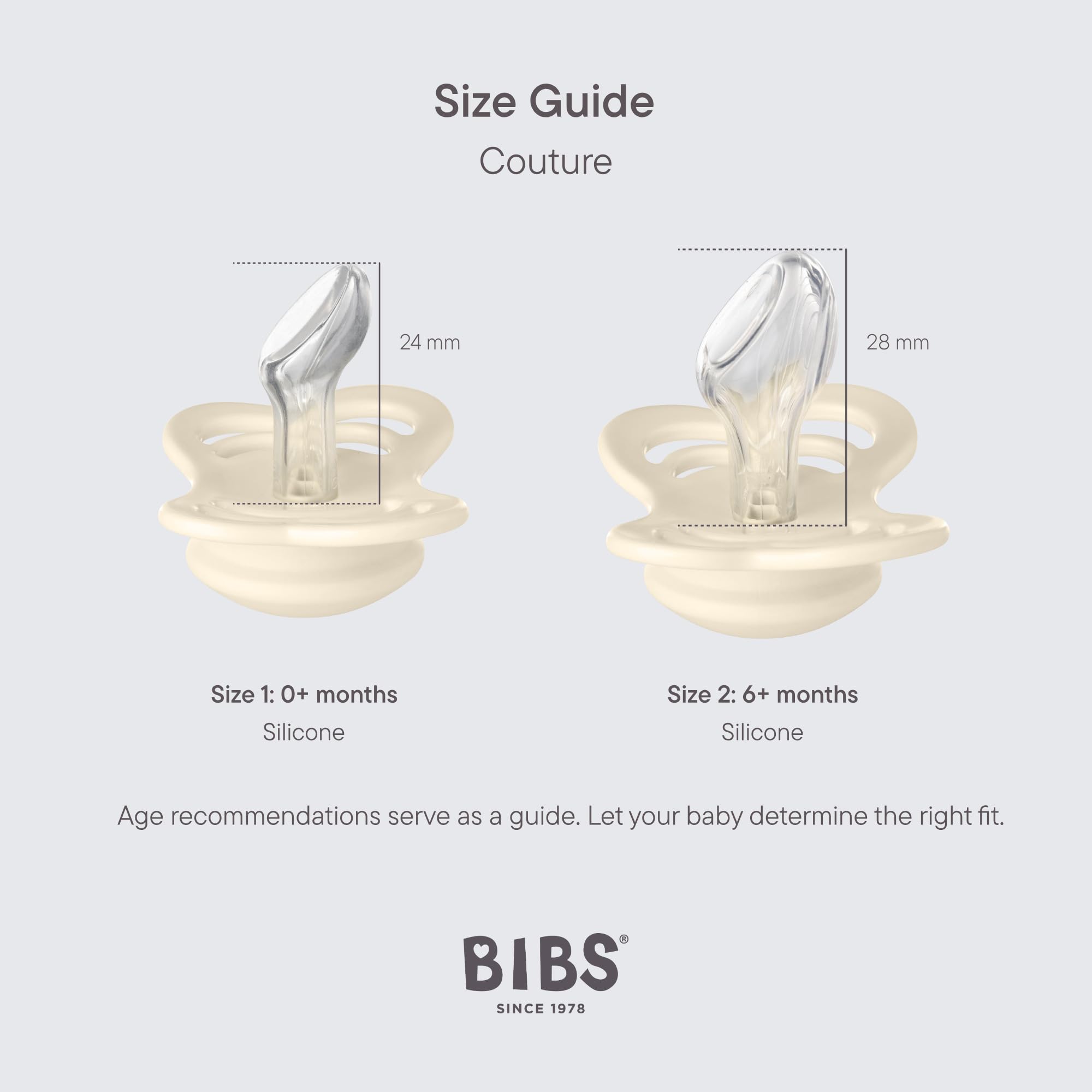 BIBS Couture Pacifiers 2-Pack, BPA-Free, Orthodontic Shape, Silicone, Made in Denmark for Babies 0-6 Months (Ivory/Sage) – Perfect for Soothing Newborns and Promoting Healthy Oral Development