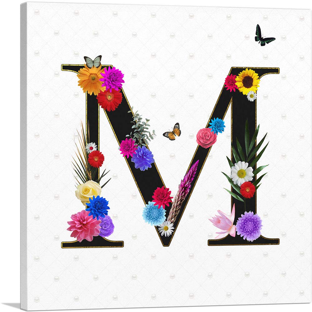 ARTCANVAS Floral Butterfly Alphabet Letter M Canvas Wall Art - 36x36 Inch Stretched Framed Giclee Print, Modern Home Decor for Living Room, Bedroom & Office