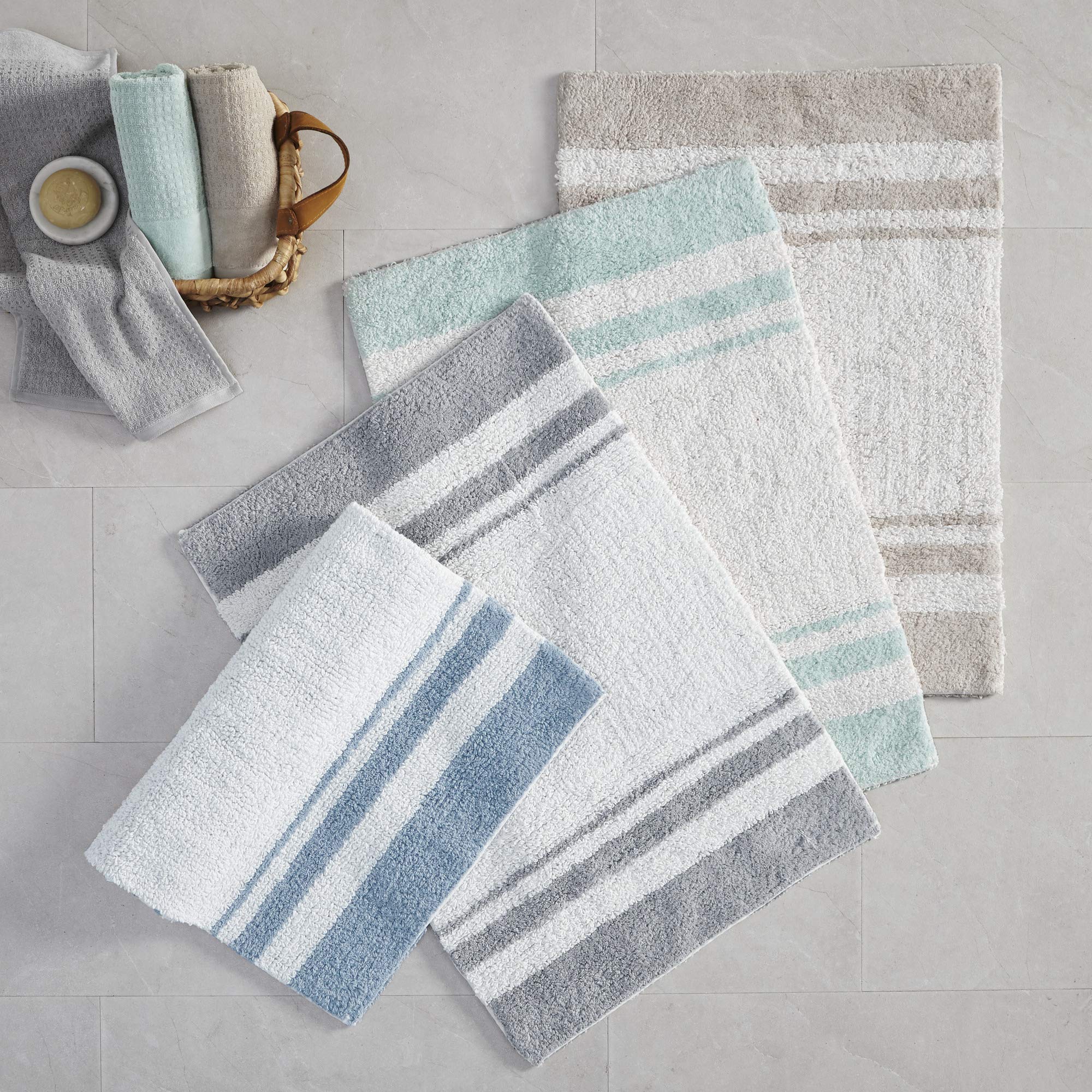 Madison Park Reversible 100% Cotton Spa Bath Rug - Ultra Soft, Water Absorbent & Fast Drying Non-Slip Bath Mat for Shower, Tub & Bathroom - 20x30 Inches, Aqua Striped - Perfect for Spa-Like Relaxation & Luxury Bathroom Decor
