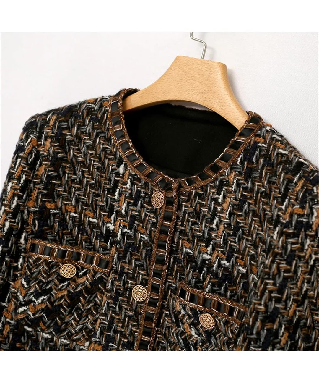 Women's Plaid Tweed Jacket - Classic Coffee Color Versatile Blazer for Spring Fall Winter | Office Wear, Casual Outfits & Date Night Fashion
