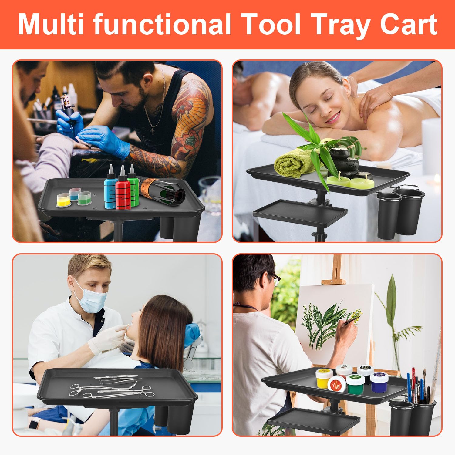 Adjustable Height Salon Tray Cart on Wheels - Aluminum Rolling Tattoo Tray with Storage Platform | Mobile Service Cart for Salon, Spa, Tattoo & Dental Use | Perfect for Styling Tools, Tattoo Supplies & Dental Equipment Organization