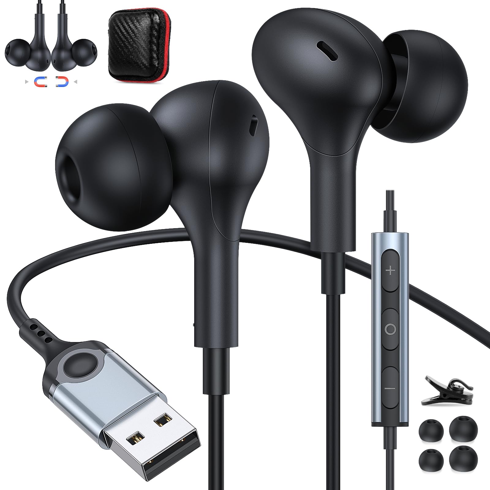 USB Headphones with Microphone for PC/Laptop - Noise Cancelling In-Ear Headset with 2.3M Cord, Magnetic Design & Audio Control for Office, Gaming, Live Streaming & Online Meetings (Black)