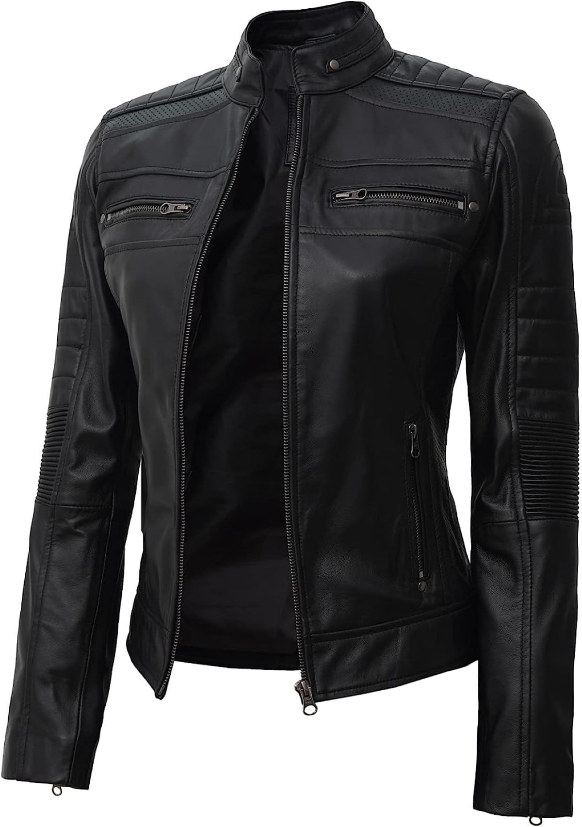 Decrum Women's Genuine Lambskin Leather Jacket - Stylish Café Racer Motorcycle Jacket for Women, Fashionable & Comfortable - Perfect for Riding, Casual Outfits & Night Out
