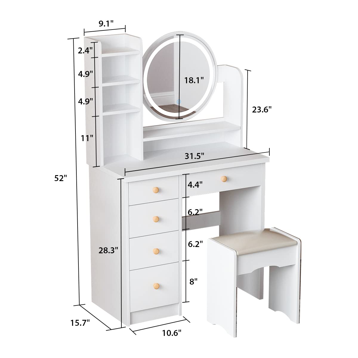 AIEGLE LED Lighted Vanity Desk Set with Round Mirror - 3 Color Adjustable Makeup Dressing Table with Open Shelves, Cushioned Stool & Storage Drawers | Perfect for Bedroom, Bathroom & Beauty Salon (White)