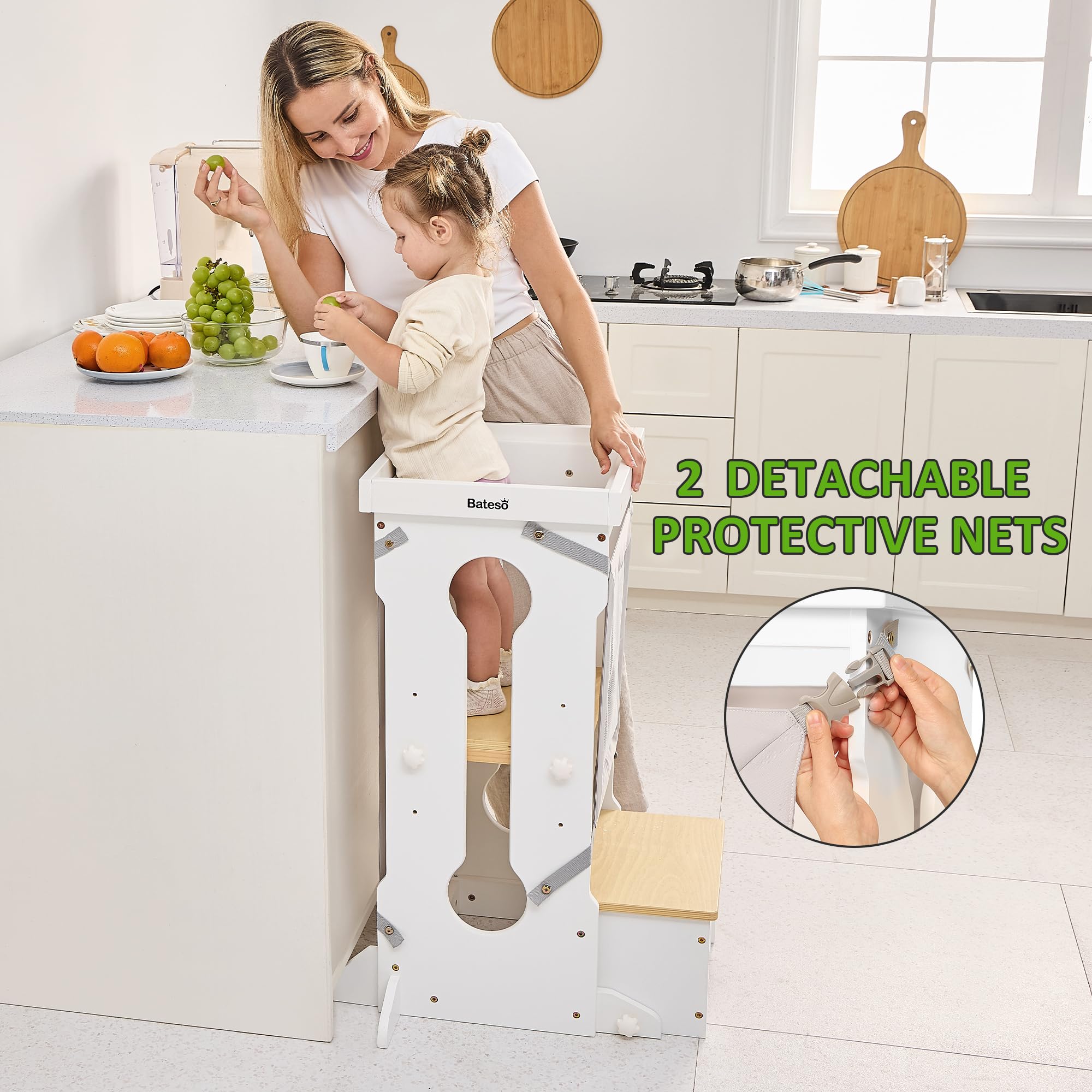 Bateso Adjustable Wooden Toddler Step Stool - Kitchen Helper Tower with 2 Removable Safety Nets & Non-Slip Mats - 4 Height Levels for Kids Ages 1-6 - Perfect for Cooking, Bathroom Sink, and Countertop Access