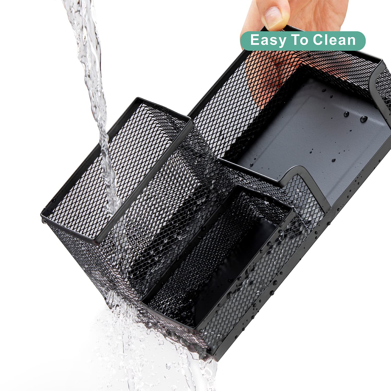 Black Mesh Pen Holder - Large Capacity Multipurpose Desk Organizer with Sticky Notes Holder & 3 Compartments | Includes 4 Non-Slip Mats | Perfect for Office, School & Home Organization | Great for Storing Pens, Pencils, Markers & Office Supplies