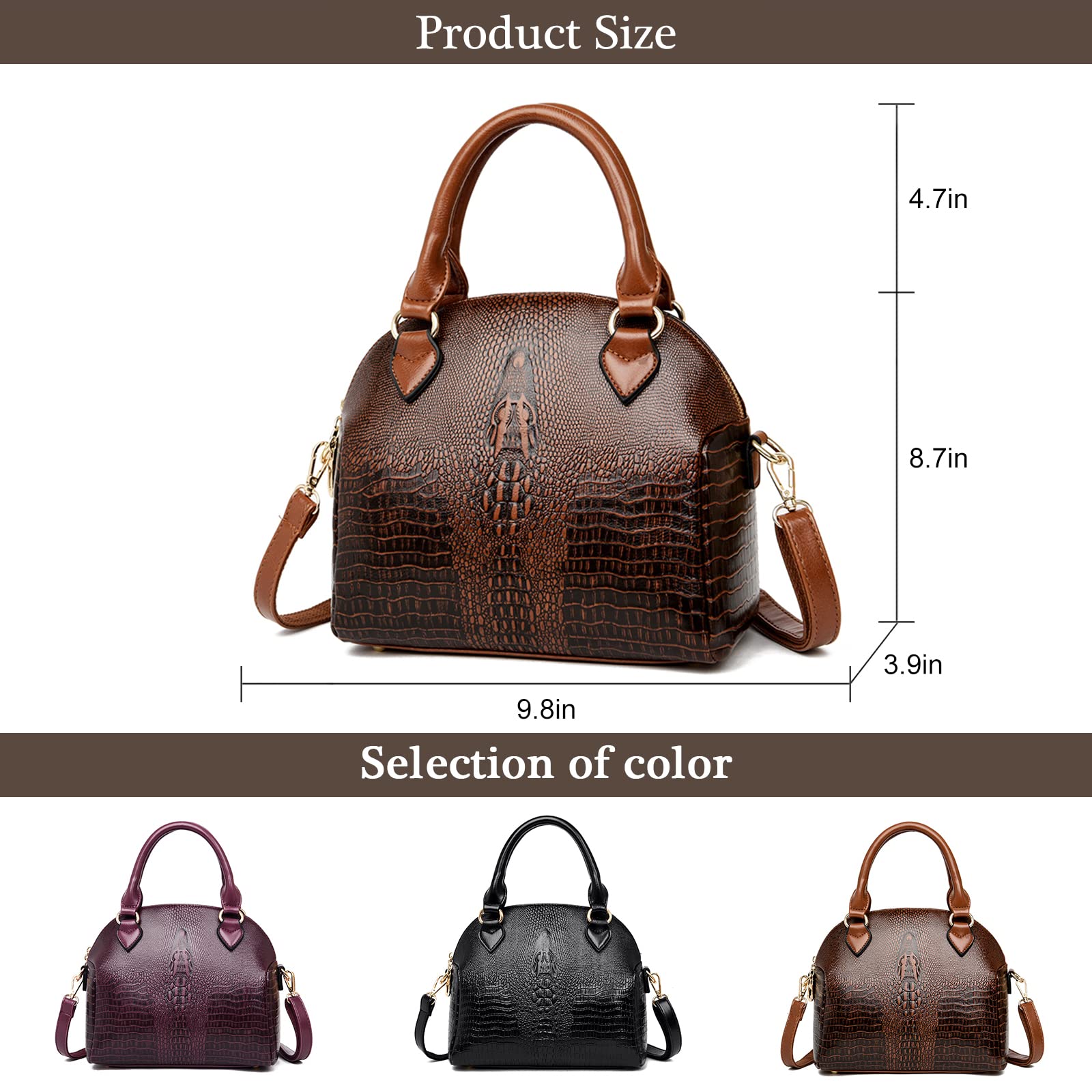Luxury Women's Crocodile Embossed Leather Handbag - Elegant Dome Satchel with Top Handle & Crossbody Strap - Perfect for Work, Travel & Evening Events
