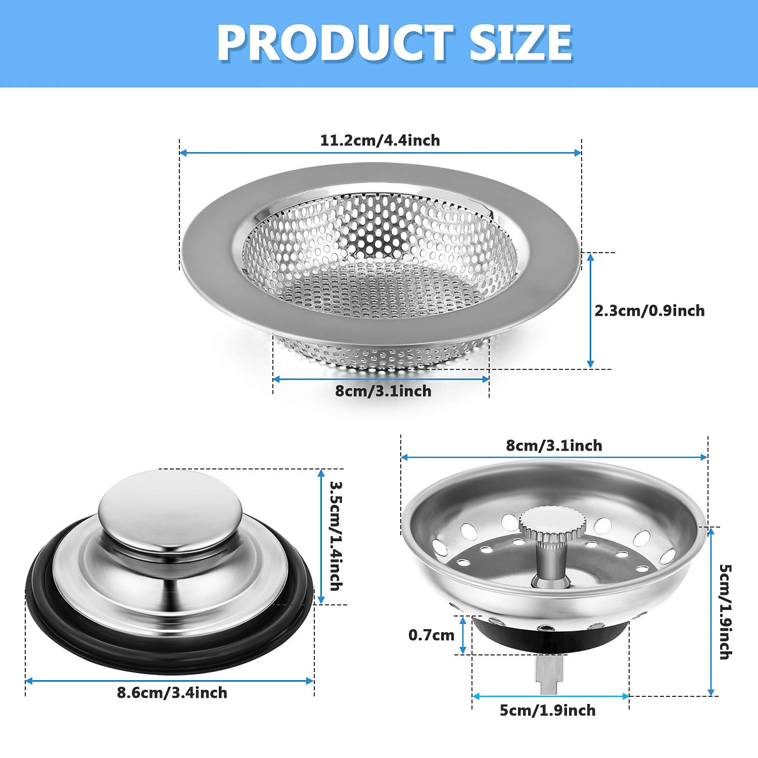 Premium 3-Piece Stainless Steel Kitchen Sink Drain Strainer & Stopper Set with Handle - Universal Anti-Clogging Sink Filter for Garbage Disposal - Silver (Perfect for Daily Dishwashing & Food Prep)