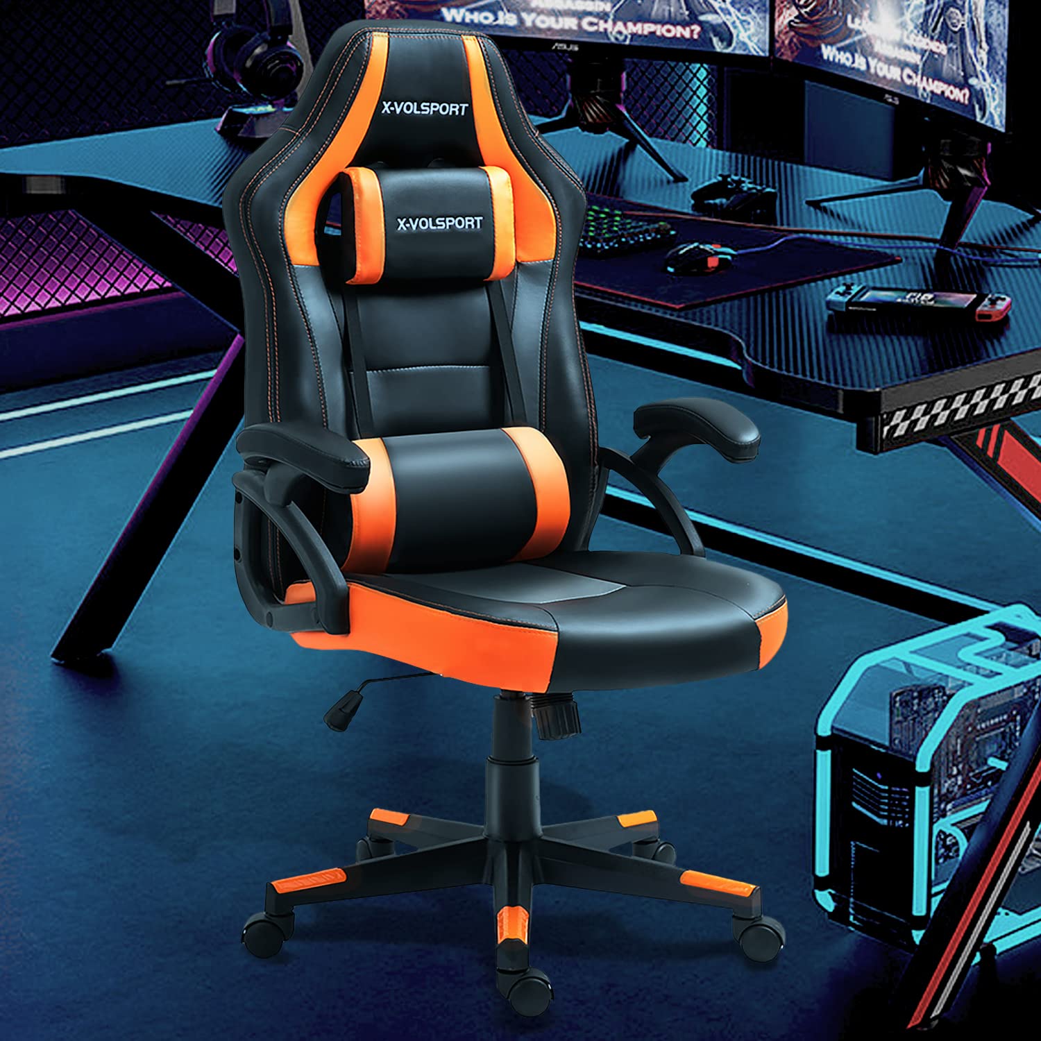 Big and Tall Gaming Chair - Heavy Duty Ergonomic PC Computer Office Chair with Wide Seat, PU Leather, Headrest & Lumbar Support - Comfortable Desk Chair for Large Adults (Orange/Black) - Perfect for Long Gaming Sessions, Home Office Work & Streaming Setup