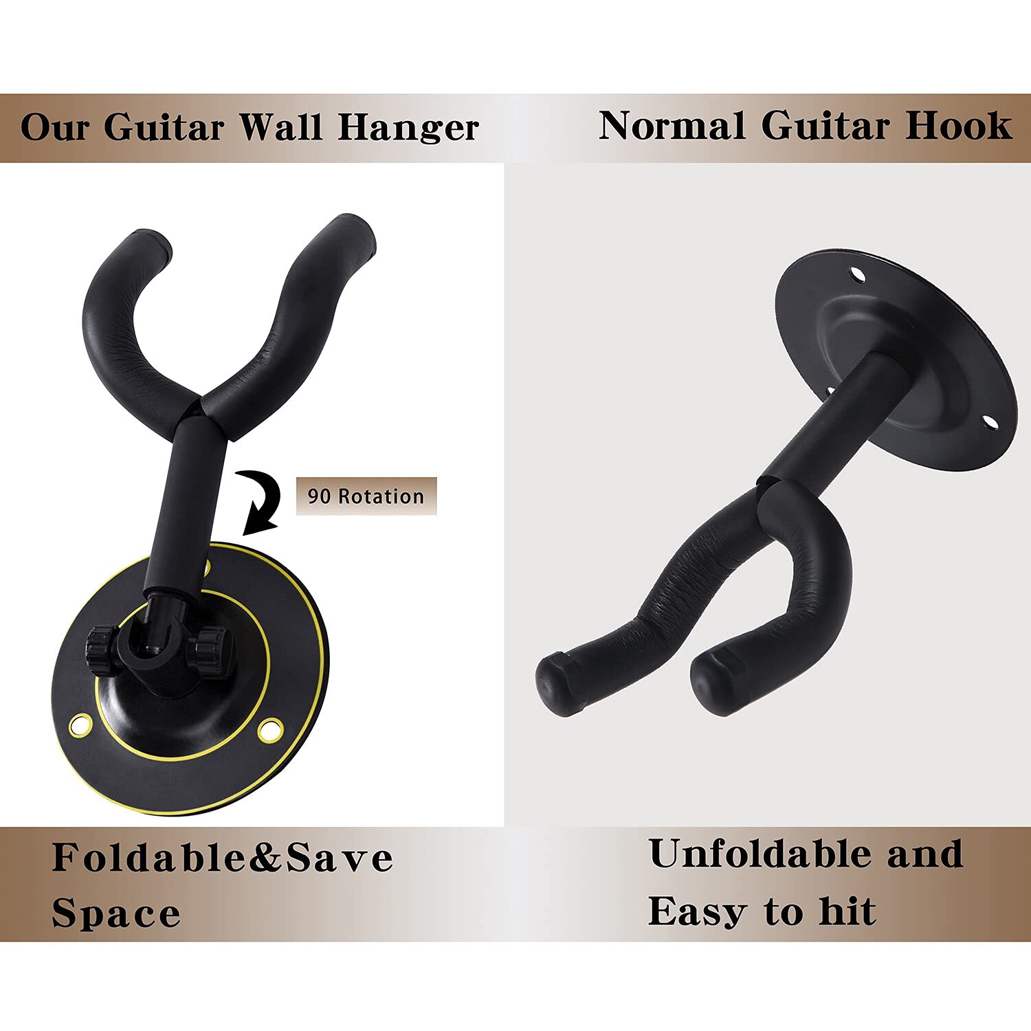 **90 Degree Rotating Guitar Wall Hanger - Heavy Duty Guitar Hook for Acoustic & Bass Guitars - Secure Wall Mount for Displaying Musical Instruments - Also Perfect for Hanging Coats, Bags & Keys (1 Pack)**    *(Ideal for home studios, music rooms, or as a space-saving guitar storage solution in bedrooms and living areas.)*
