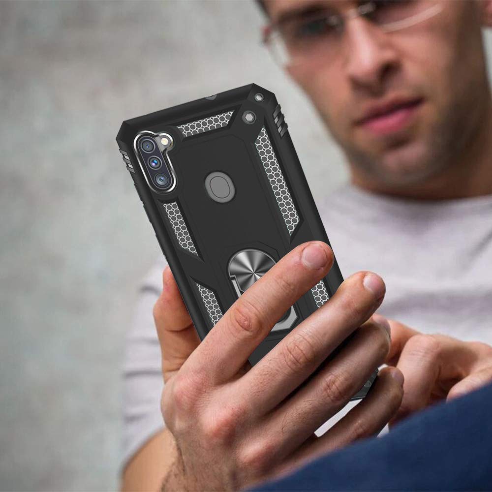 Samsung Galaxy A11 Phone Case with Screen Protector - Military Grade Shockproof Protective Cover with Ring Stand, Anti-Scratch & Drop Protection for Samsung A11 (Black) - Perfect for Outdoor Activities, Travel & Daily Use