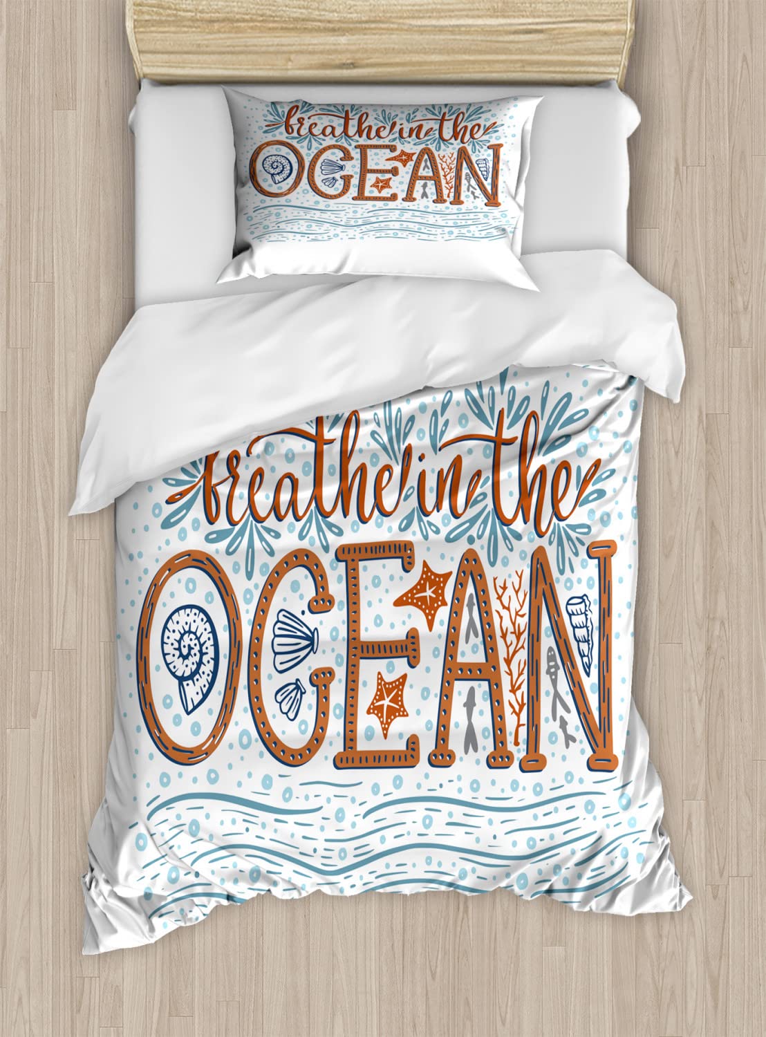 Ambesonne Beach Saying Duvet Cover Set - 'Breathe in The Ocean' Lettering with Coastal Elements, 2-Pack Queen Size Bedding (Teal & Vermilion) for Beach House, Vacation Rental & Coastal-Themed Bedrooms