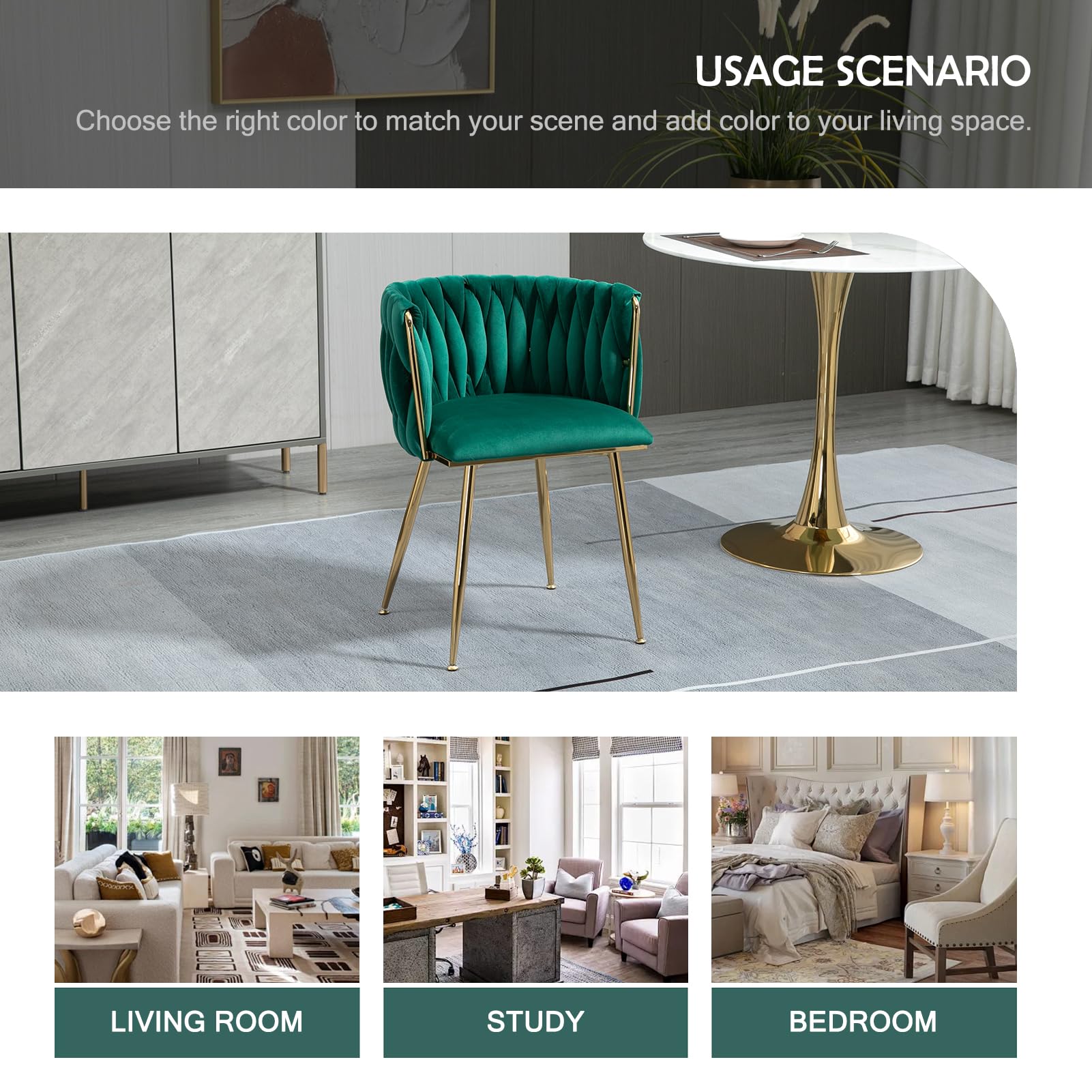 Luxury Velvet Dining Chairs Set of 4 - Modern Upholstered Kitchen Chairs with Gold Metal Legs for Dining Room, Living Room & Vanity - Elegant Green Accent Seating for Home Decor & Entertaining
