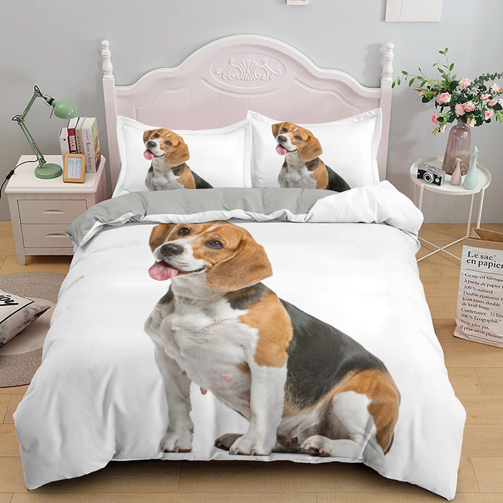 3D Printed Beagle Twin Comforter Set - White Microfiber Duvet Cover with 2 Pillowcases (20
