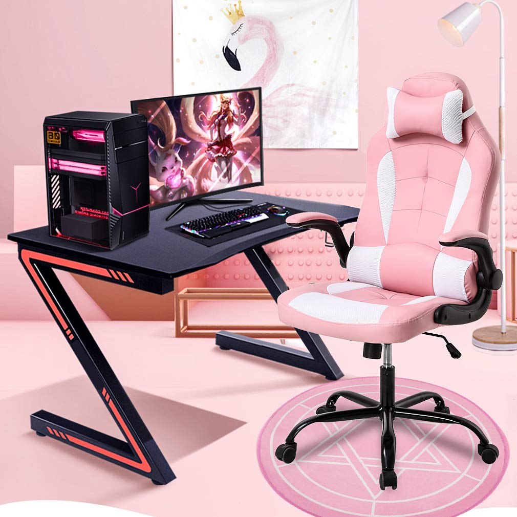 Ergonomic Gaming Chair with Lumbar Support & Flip-Up Arms - Adjustable Pink PU Leather Racing Office Chair for Women - Perfect for Home Office, Gaming Setup & Computer Workstations