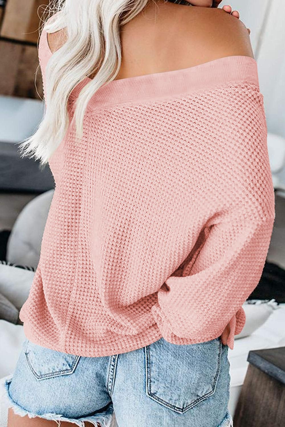 ReachMe Women's Oversized Off-The-Shoulder Long Sleeve Waffle Knit Sweater Top | Casual Loose Drop Shoulder Shirt for Fall & Winter | Perfect for Date Nights, Coffee Dates and Weekend Outfits