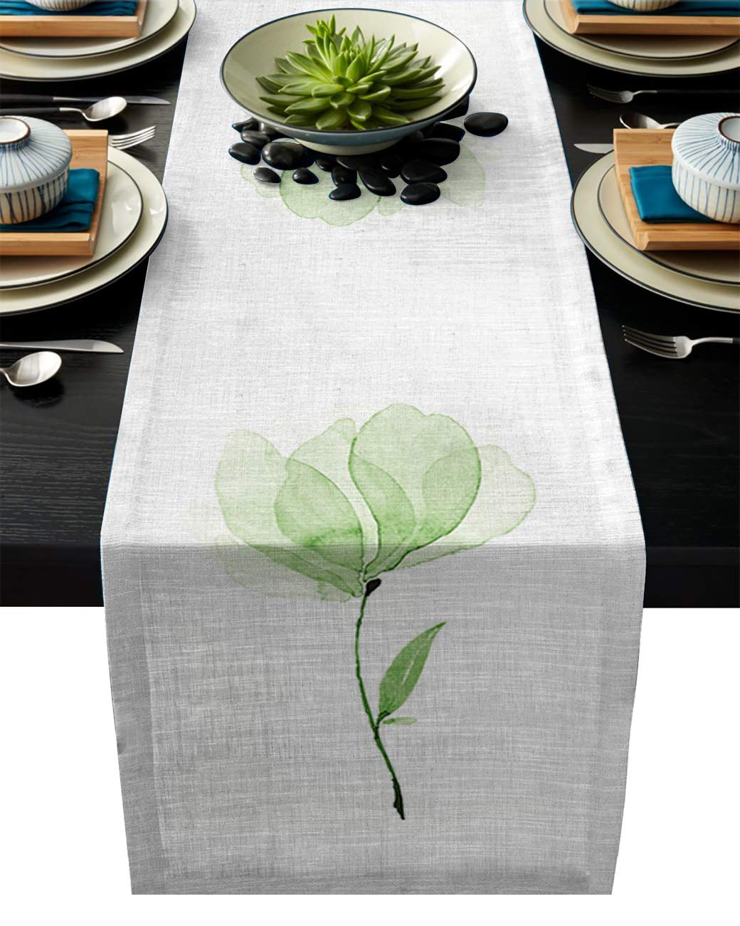 T&H XHome Durable Washable Linen Table Runner - 14x72 Inches Spring Green Abstract Floral Design for Dining Table, Kitchen, Indoor & Outdoor Decor - Perfect for Parties, Weddings and Everyday Home Use