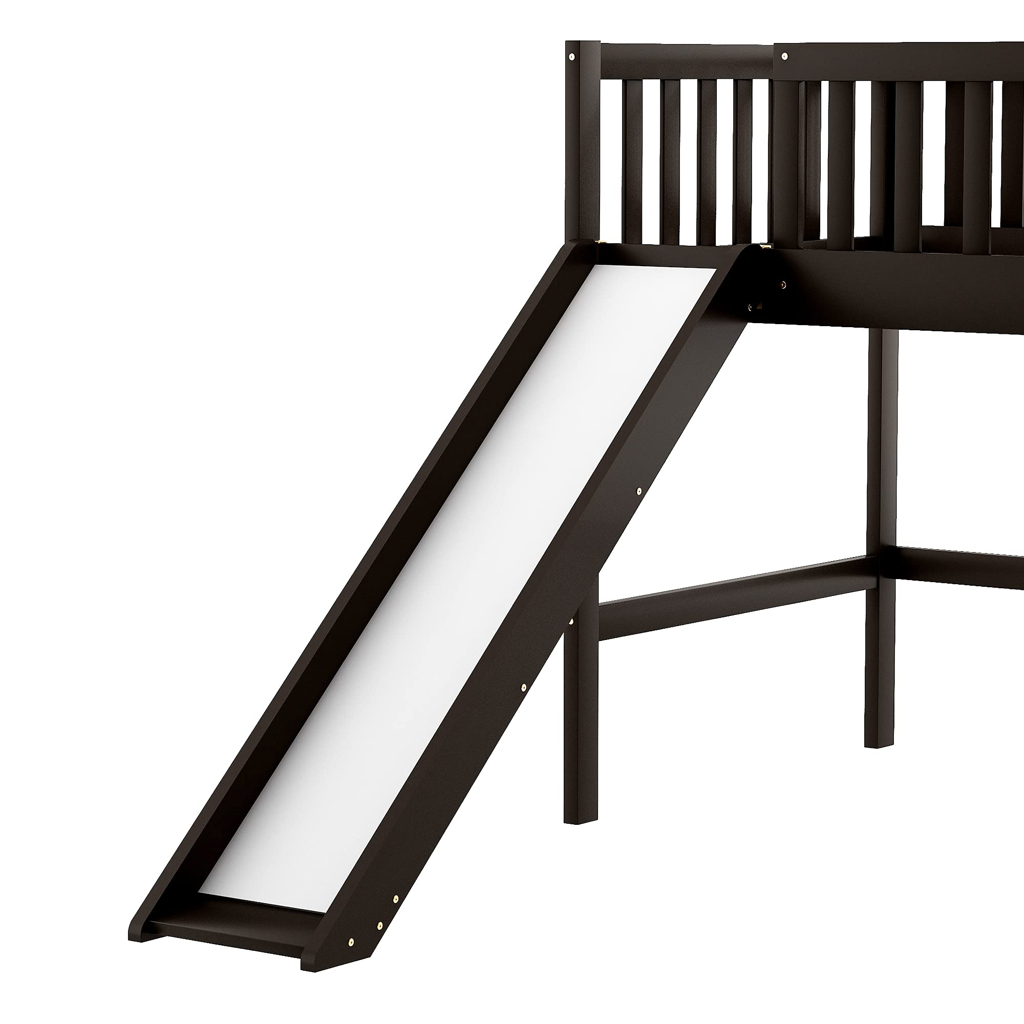 Twin Size Low Loft Bed with Ladder and Slide - Solid Wood Loft Bed Frame for Kids, Teens & Toddlers - Low Profile Mini Loft Bed with Safety Rails (Espresso & Pine Wood) - Perfect for Small Bedrooms, Playrooms & Dorm Rooms