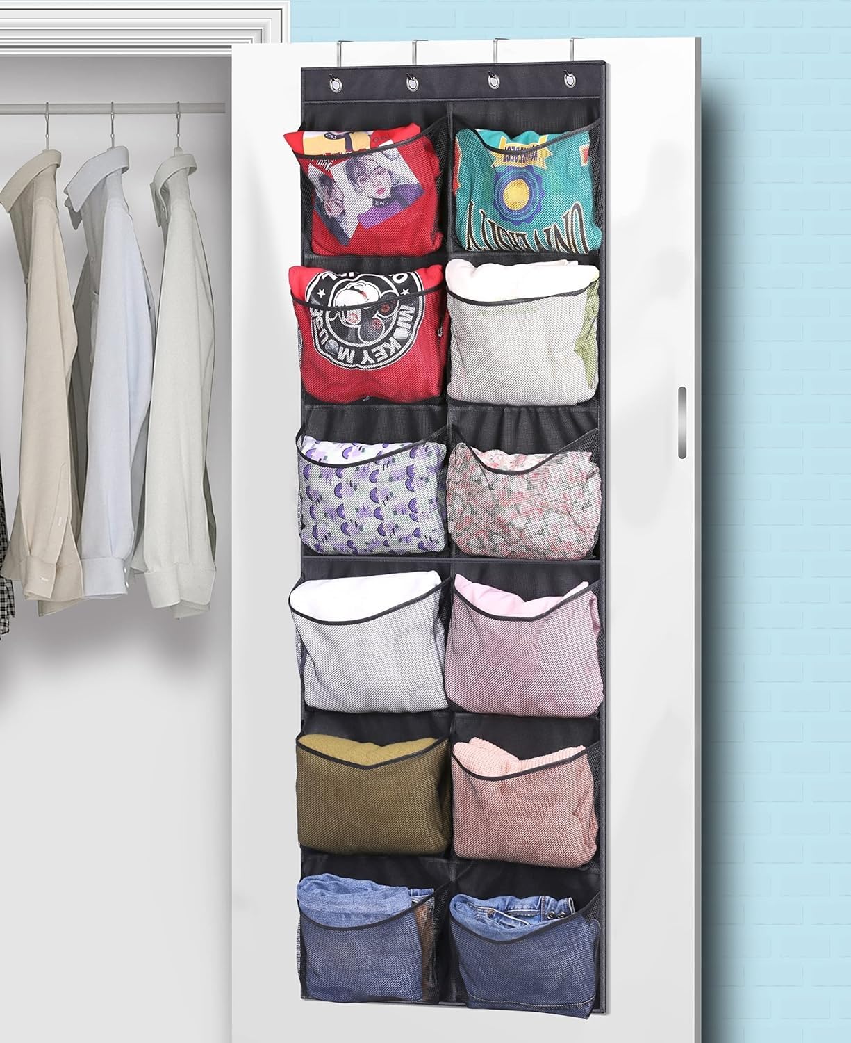 KIMBORA Over The Door Shoe Organizer - 12 Extra Large Mesh Pockets Hanging Boot Rack for Men's Shoes Size 16, Black - Perfect for Closet Storage & Space Saving in Bedrooms, Dorms, and Entryways