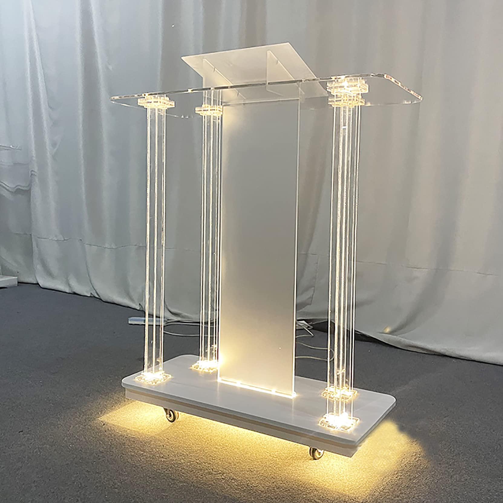 Yofsza Portable Acrylic Podium Stand with Wheels - Rolling Lectern for Church, Wedding, Conference Room & Office - Transparent Pulpit for Speeches, Presentations & Ceremonies