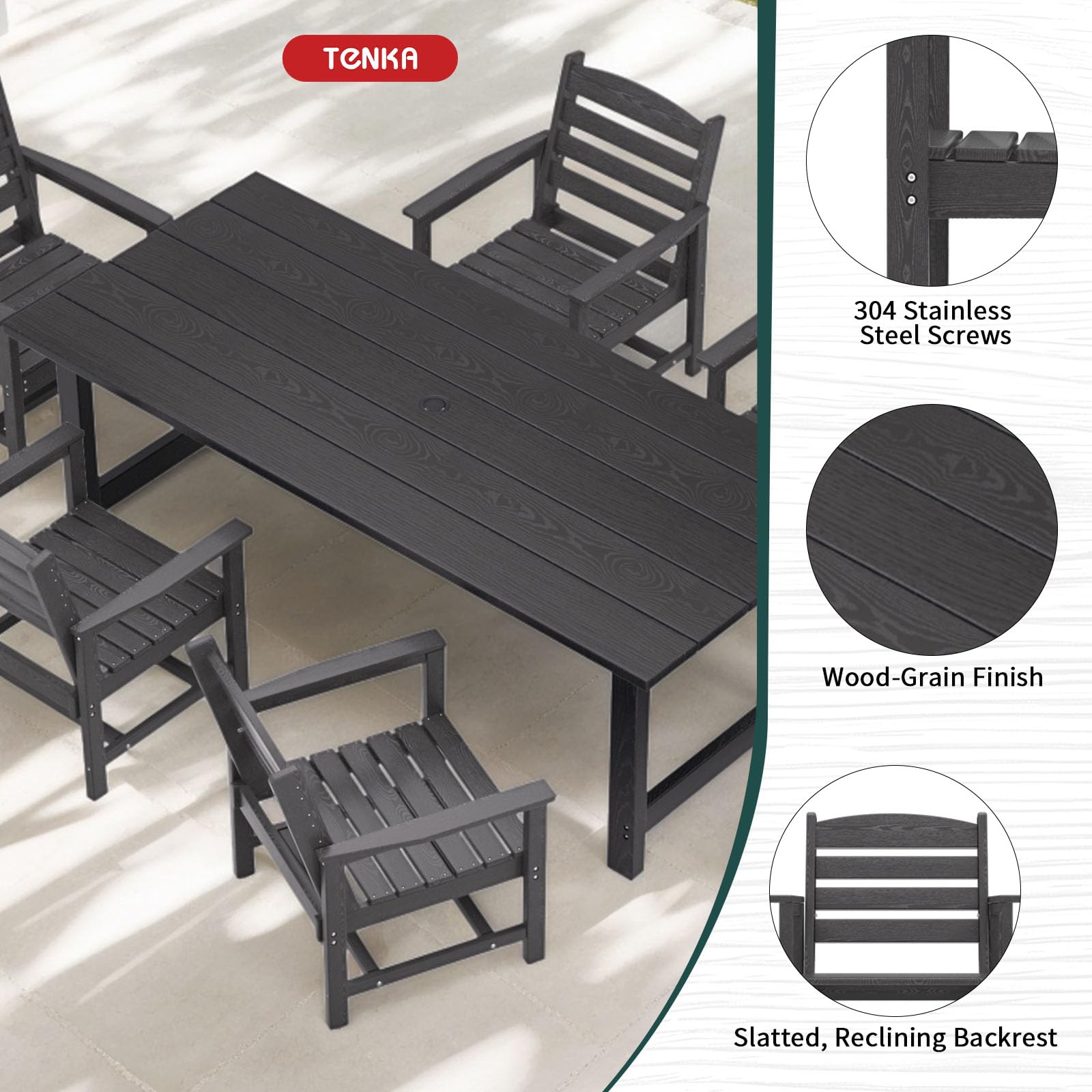 TenKa 7-Piece HDPE Patio Furniture Set for 6 People - Durable Outdoor Dining Table with 6 Chairs & Umbrella Hole - Perfect for Garden, Backyard, Lawn, Poolside & Outdoor Entertaining
