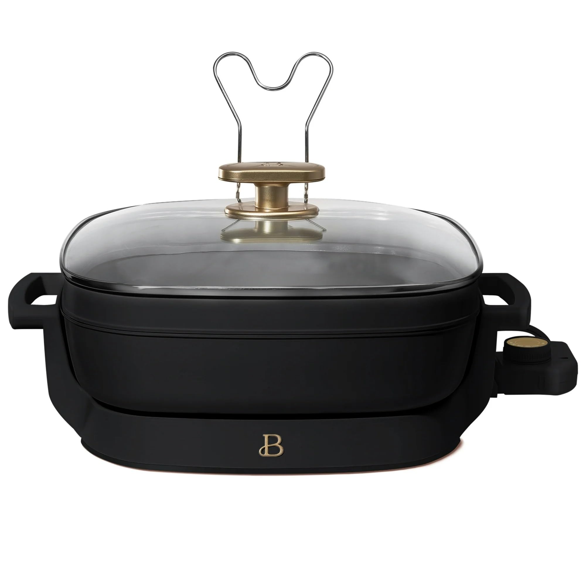 5-in-1 Electric Skillet with Glass Lid - Expandable to 7 Qt, Nonstick Ceramic Cookware, Black Sesame Color by Drew Barrymore - Perfect for Frying, Sautéing, Steaming, Slow Cooking & More in Small Kitchens